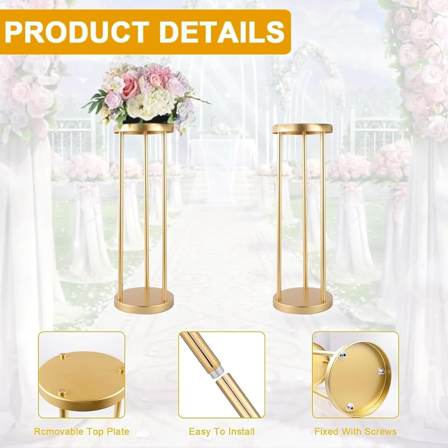 6 Pcs Gold Metal Flower Vase Bulk Gold Wedding Centerpieces for Table 31.5 Inch Tall Metal Flower Stand Decorations Column Stand Road Lead Centerpiece for Home Event Party Wedding Reception