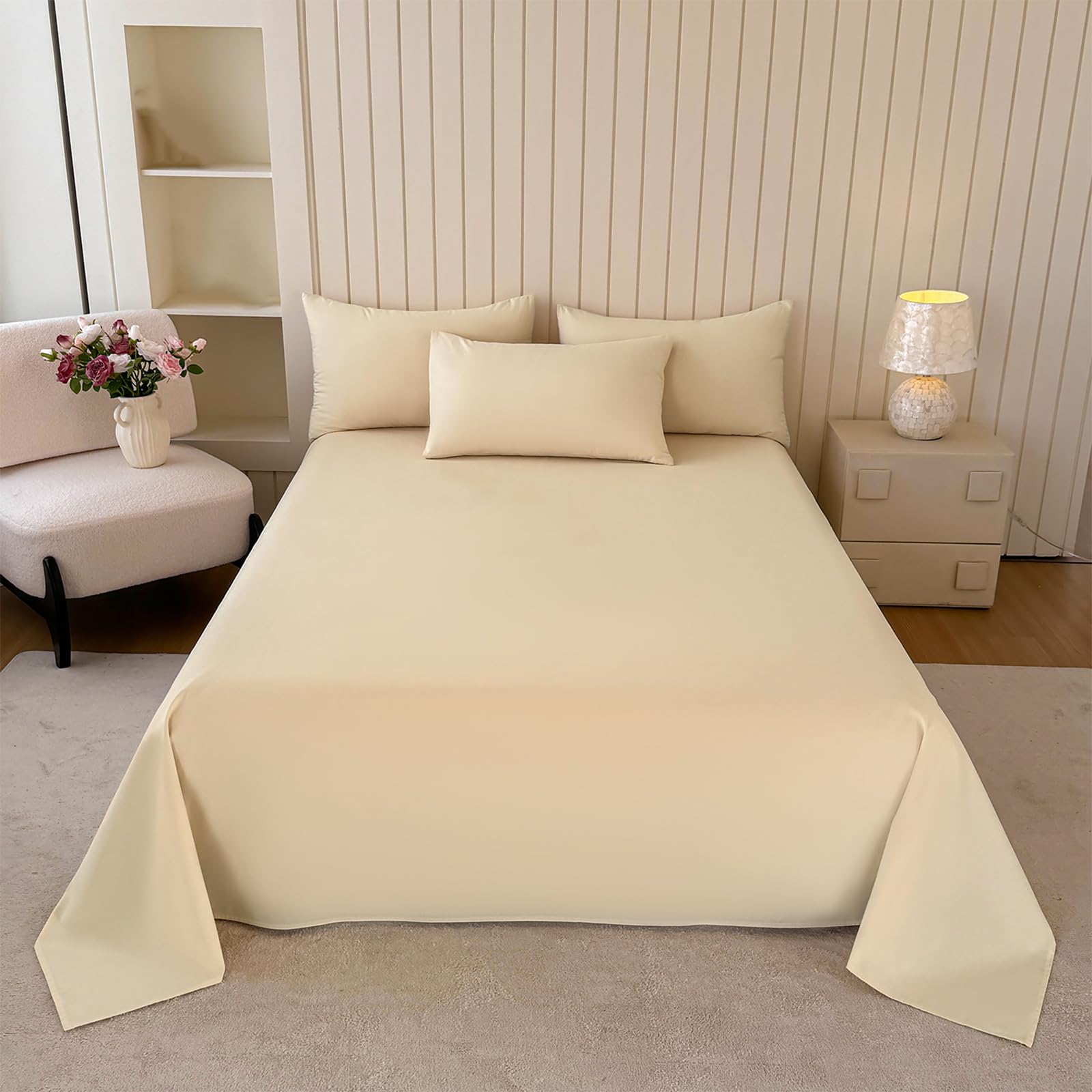 Bettlaken 245x270cm Extra großes Bettlaken | Baumwolle,Beige,Einfarbig,Ganzjahres,Weich & atmungsaktiv,mit 2 x Kissenbezug von 50 x 75 cm
