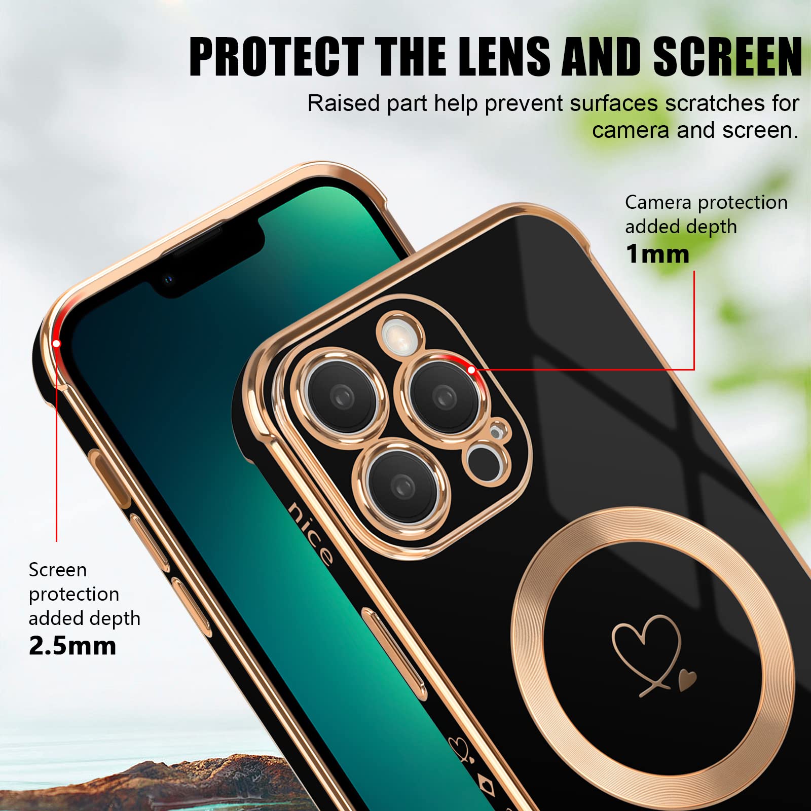 Teageo Compatibile per iPhone 13 Pro, Custodia per Cellulare Ragazze con Motivo a Cuore Carino Protezione per Fotocamera Elettrolitico Morbido Protettiva Cover per iPhone 13 Pro, Nero