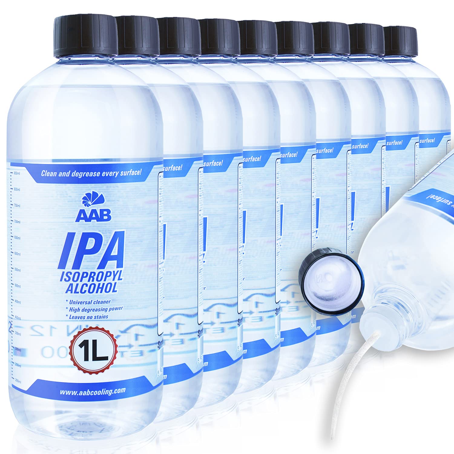 AAB IPA 1L - Conjunto de 9 - Un Alcohol Eficaz Para la Limpieza, Universal Isopropilico, Alcool, Isopropyl Alcohol, Alcohol Isopropilico Electronica, Para Limpieza Electrónica
