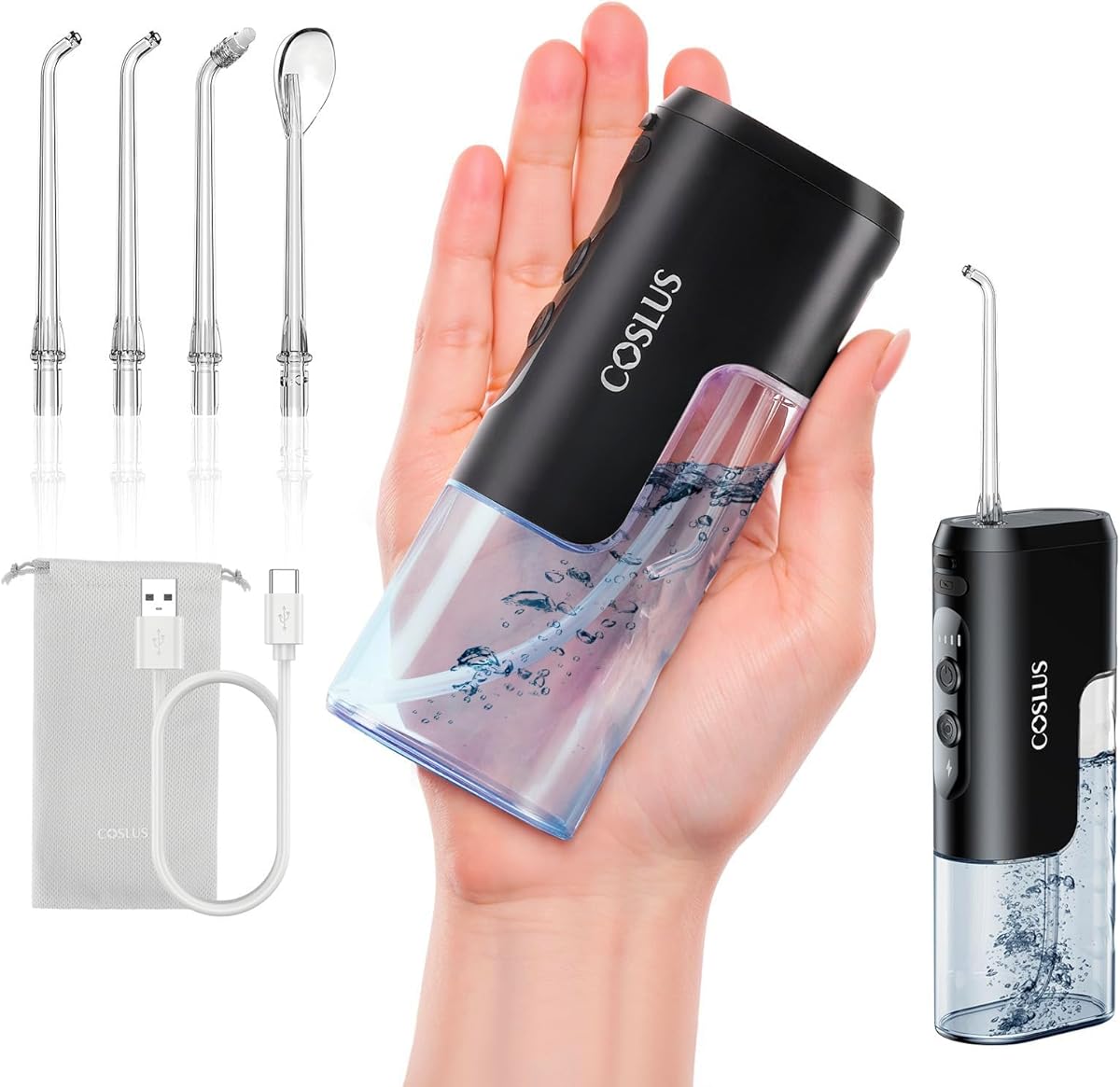 COSLUS Mini Water Flosser for Travel: Portable Compact Design - Removable Tank for Easy Cleaning - 4 Modes IPX7 Electric Flosser for Braces/Orthodontic/Sensitive Gums On-The-Go Use, Black(T40)