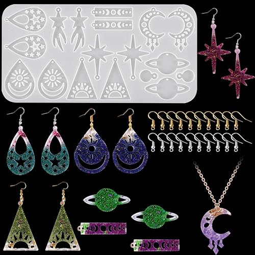 DeryArcle Moldes de resina para pendientes, juego de moldes de silicona para joyería de estrellas de luna, molde de fundición de resina epoxi