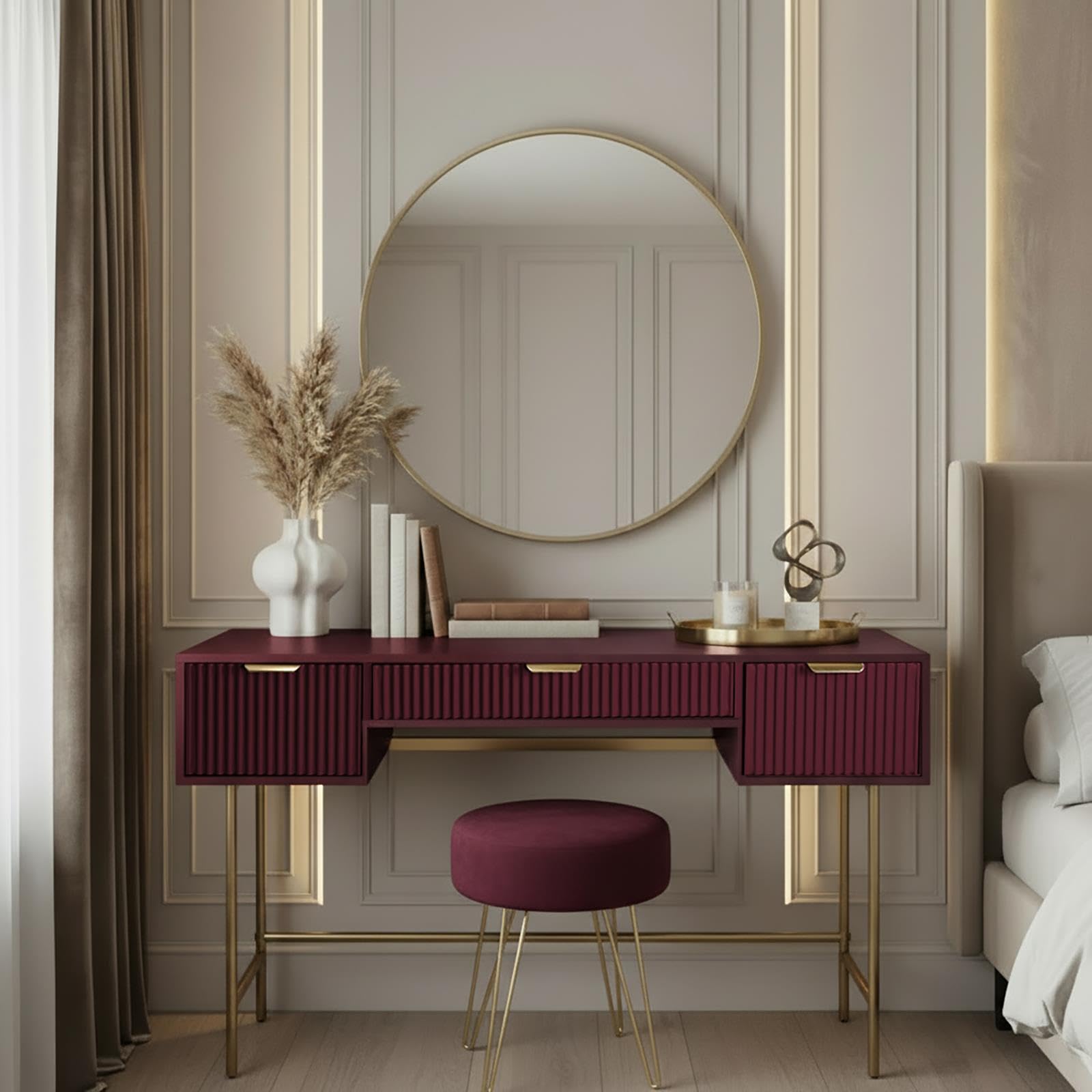 OHS Dressing Table, Ribbed Wooden Vanity Table with 3 Drawers Decorative Drawer Organiser with Gold Metal Frame Modern Makeup Desk for Bedroom, Dark Berry - 110 x 35 x 75cm