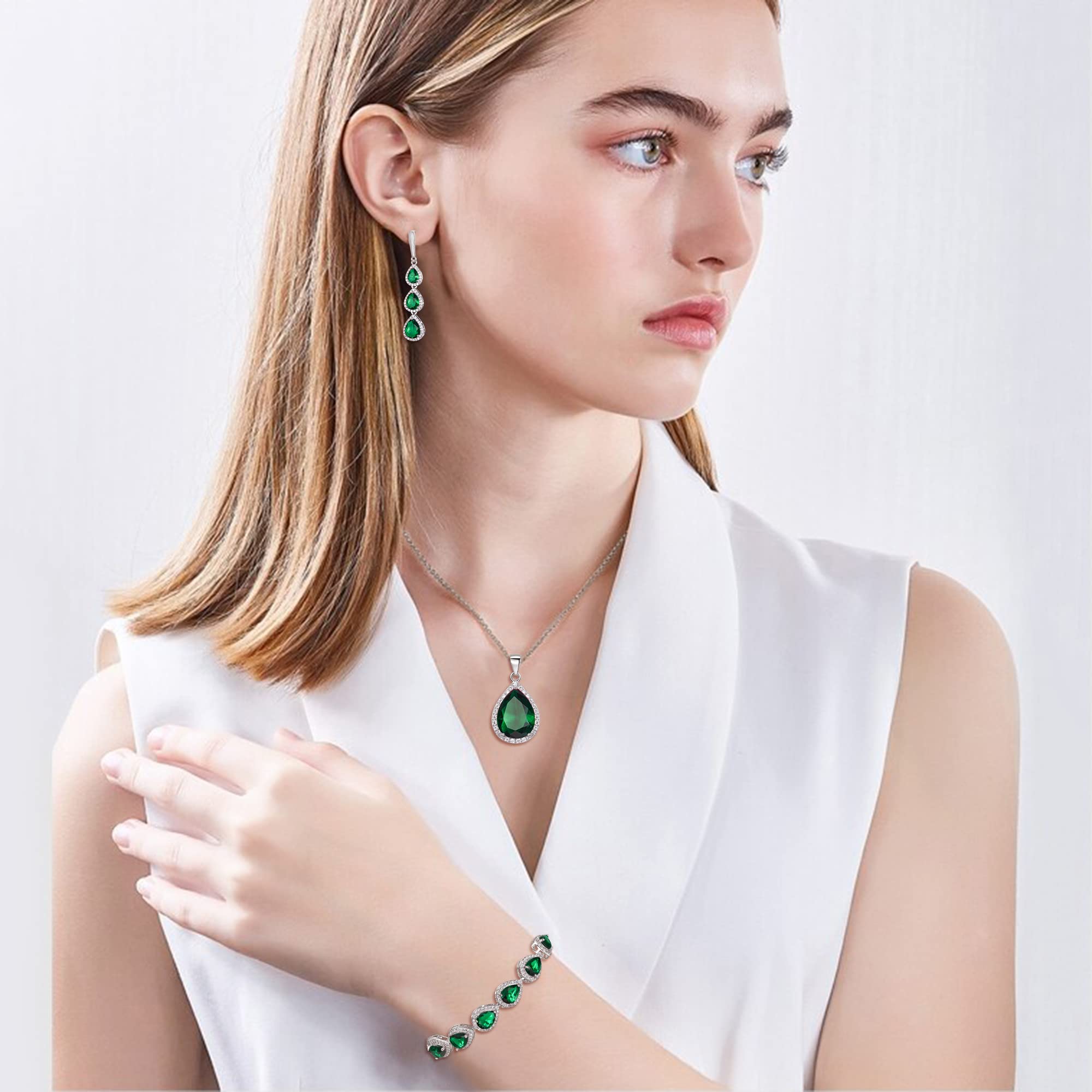 Juegos de Joyas de Mujer Conjunto de Joyería de la Boda para Las Mujeres Chapado en Plata Lágrima Circonita Cúbica Collar Pendientes Colgantes Largos Pulsera de Fiesta