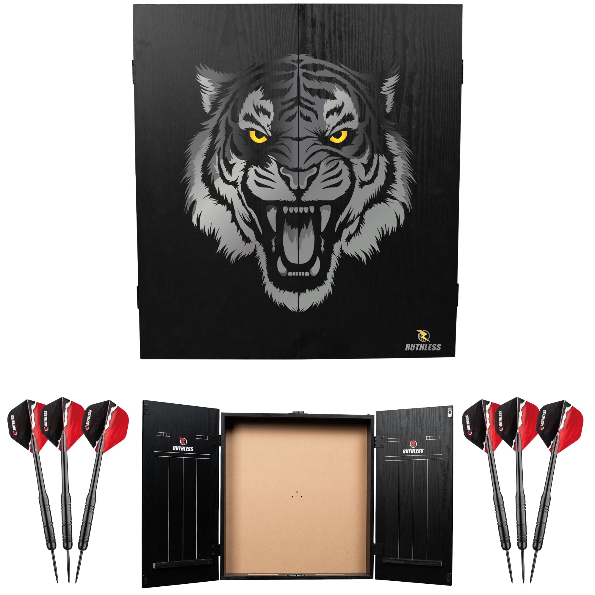 RUTHLESS | Tiger Dart Board Cabinet | Professional Heavy Duty Square Black Dartboard Storage
