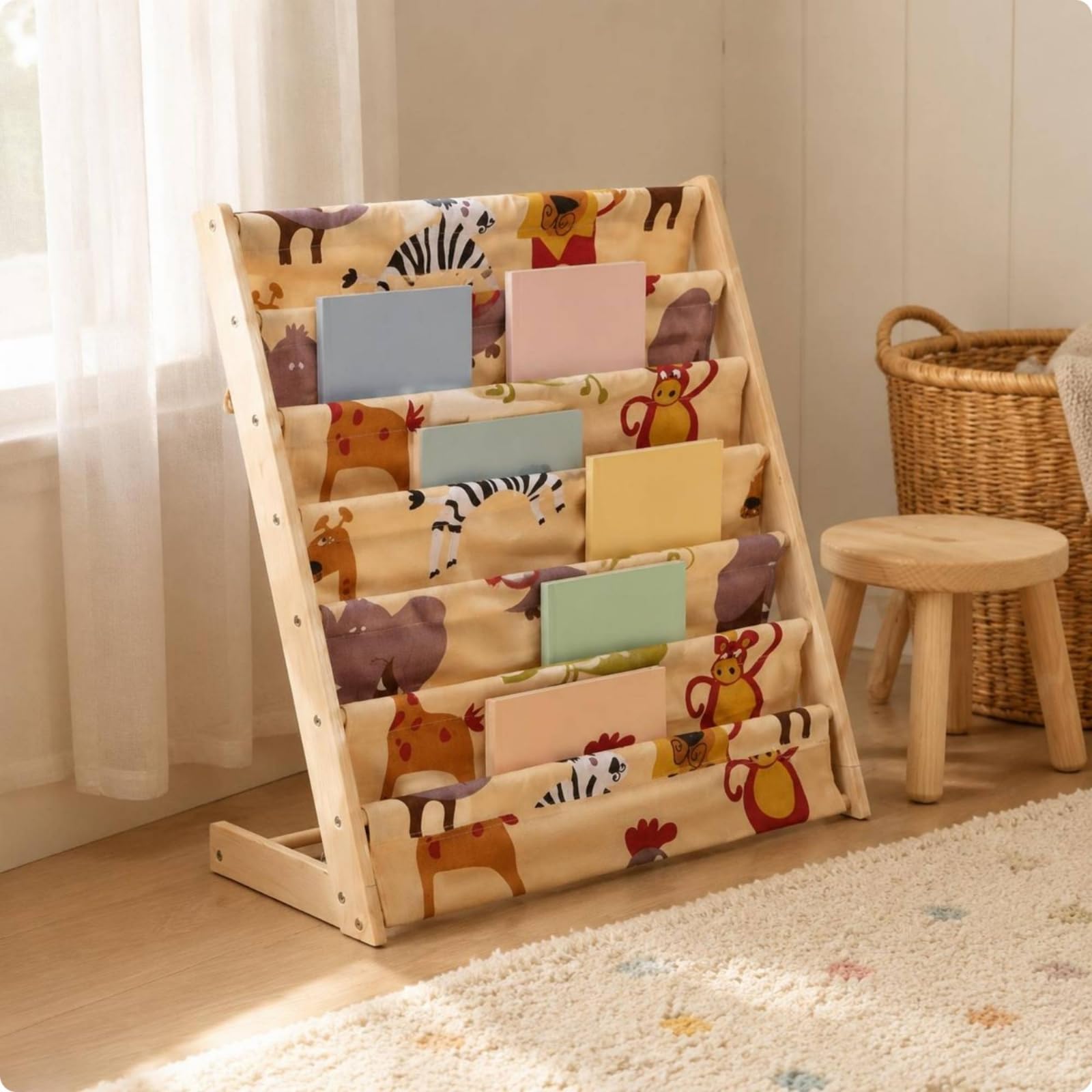 Libreria in Legno a più Ripiani Multistrato Organizzatore Libri da Pavimento Struttura Stabile Libreria Bambini per Angolo Lettura, Piccolo, Bianco Riso