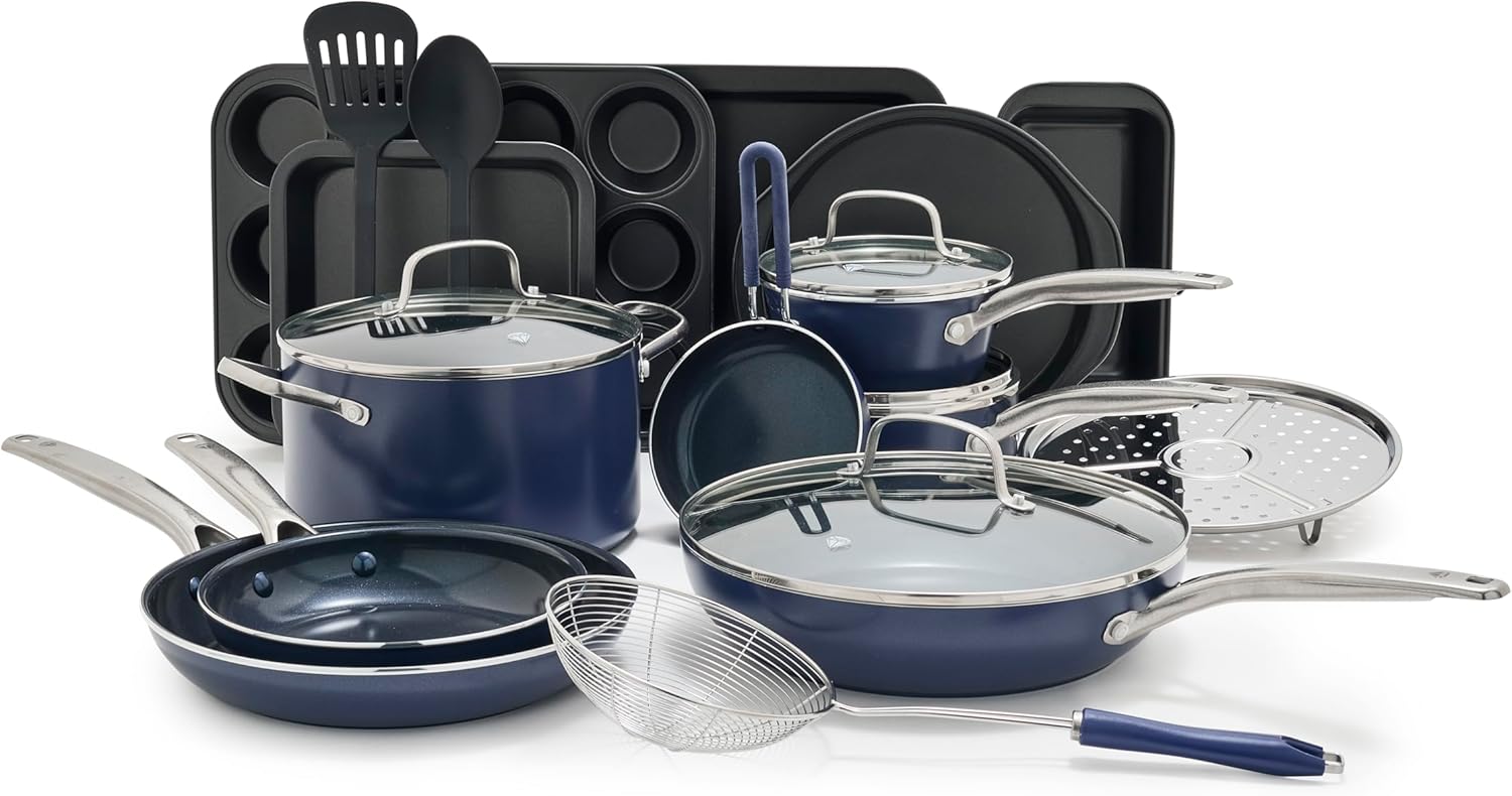 Blue Diamond 20-Piece Nonstick Ceramic Cookware Set - PFAS-Free, Metal Utensil Safe, Oven/Broiler to 600°F, Dishwasher Safe, Blue