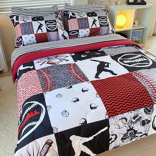 Miniatura 3 de Gusuhome Juego de edredón de béisbol de 7 piezas, ropa de cama en una bolsa, juego de ropa de cama deportiva de sóftbol 3D para niños y niños,