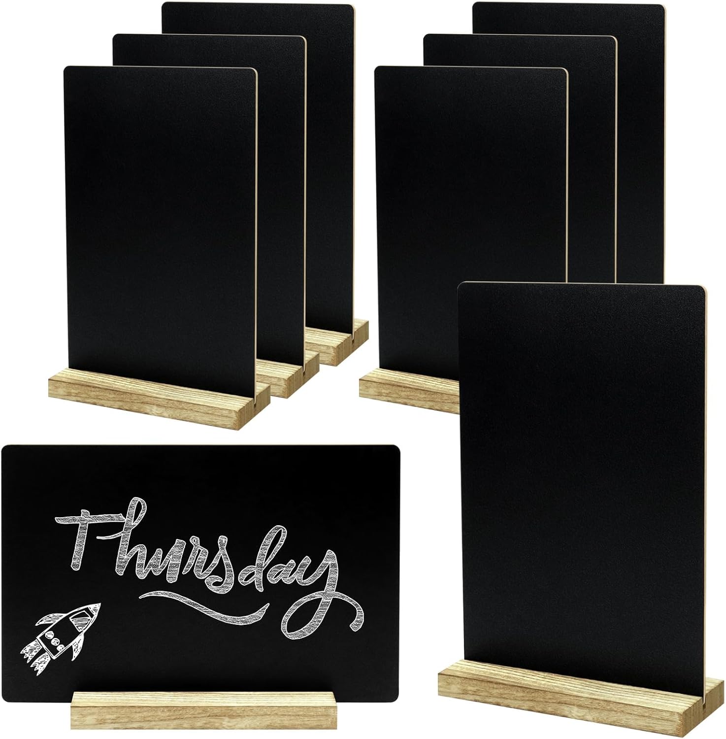 Neworkg 8 Pack Double-Sided Chalkboard Signs with Wood Base - 5.1x7.9" Tabletop Message Boards for Weddings, Parties, Restaurants