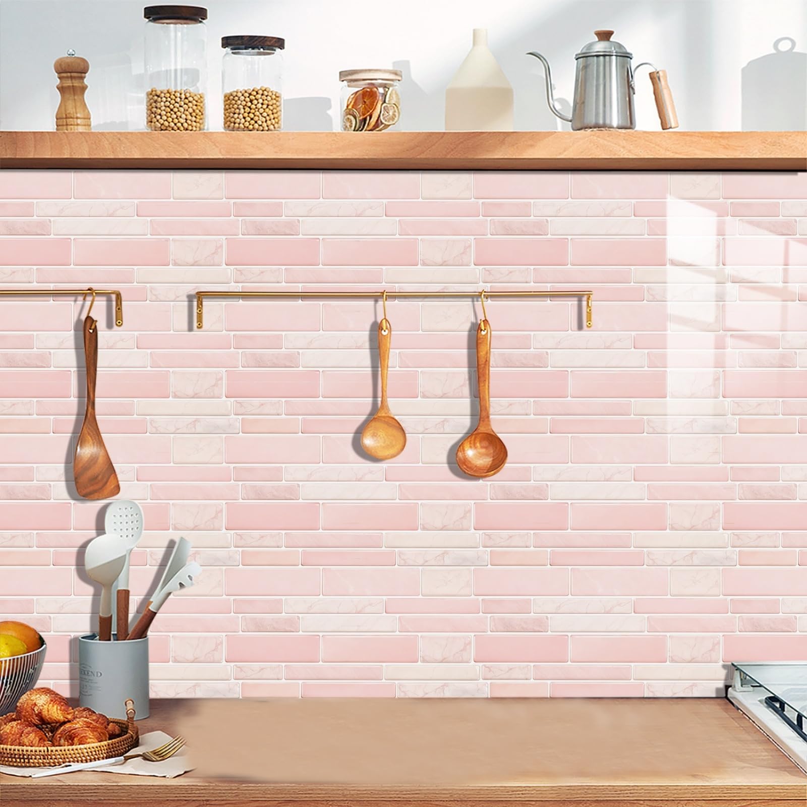 Stick on Kitchen Tiles 12x24 cm Pink Brick Peel and Wall Waterproof PVC for Fireplace Surround Furniture Decoration Tile Stickers Backsplash 20 Pcs