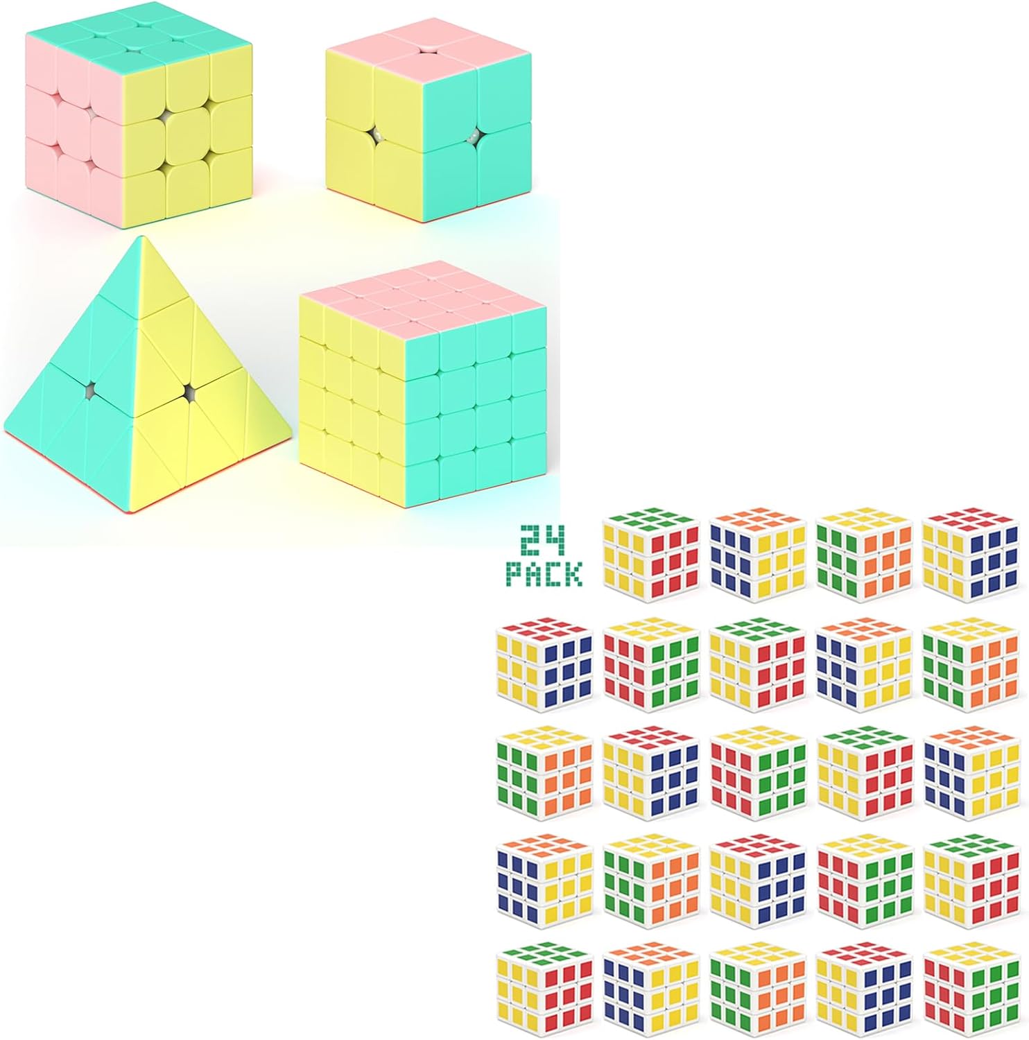 Vdealen 2x2x2 3x3x3 4x4x4 Pyramid Carbon Fiber Sticker Speed Cube Set & 24 Pack Mini Cube Puzzle Party Favors for Kids