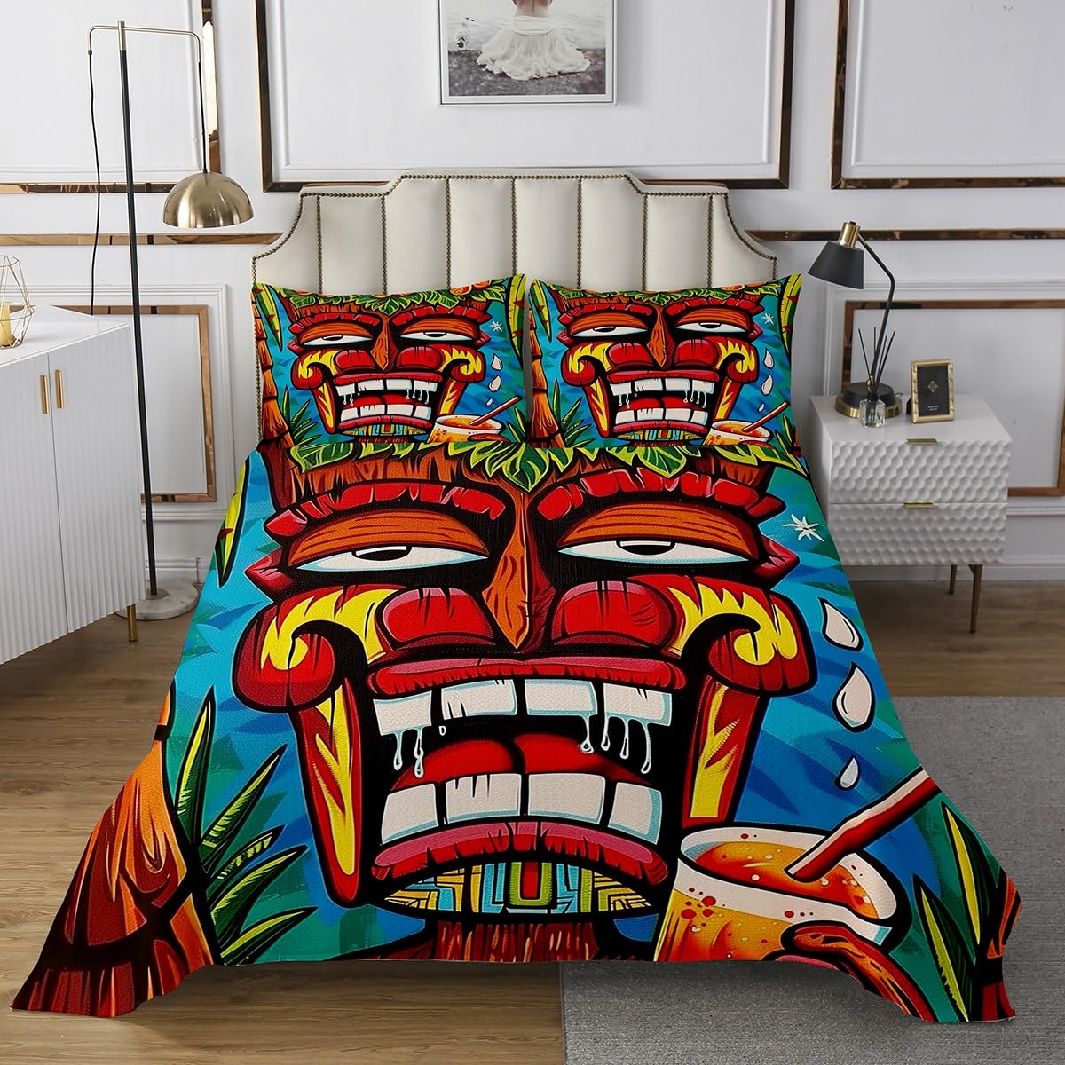 Erosebridal Tiki Bar Quilt Set Abstract Tiki Warrior Design Bedspread Sets Tropical Hawaii Theme Coverlet Sets Colorful Totem Culture Bedding Set Twin Size for Kids Boys Girls