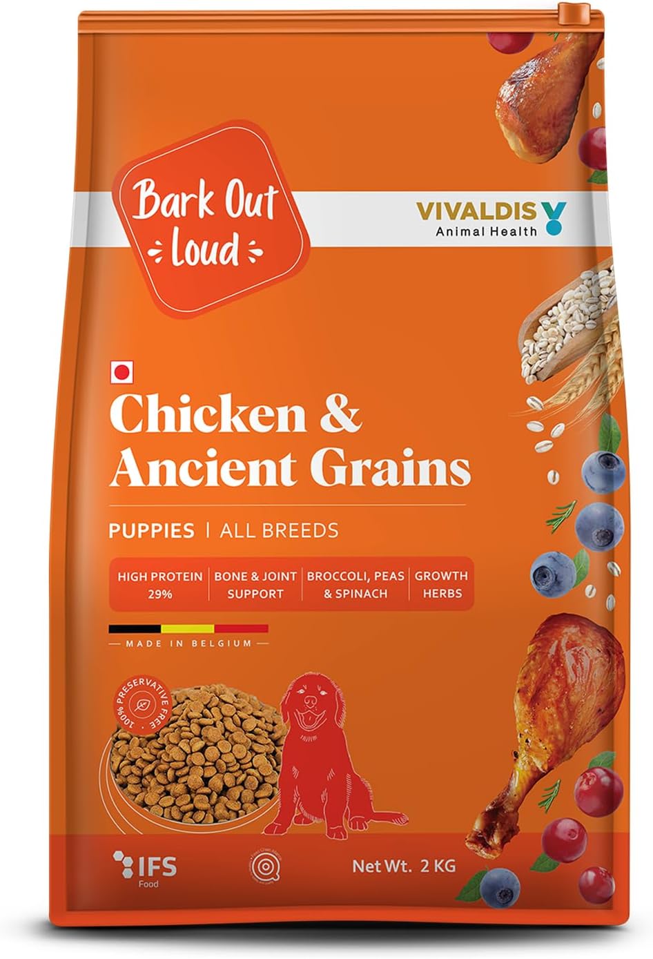 Bark Out Loud by Vivaldis - Chicken & Ancient Grains Puppy Dry Dog Food for All Breeds, Rich in Chicken Protein, Nutrients, Antioxidant and Growth Herbs, 2kg Pack