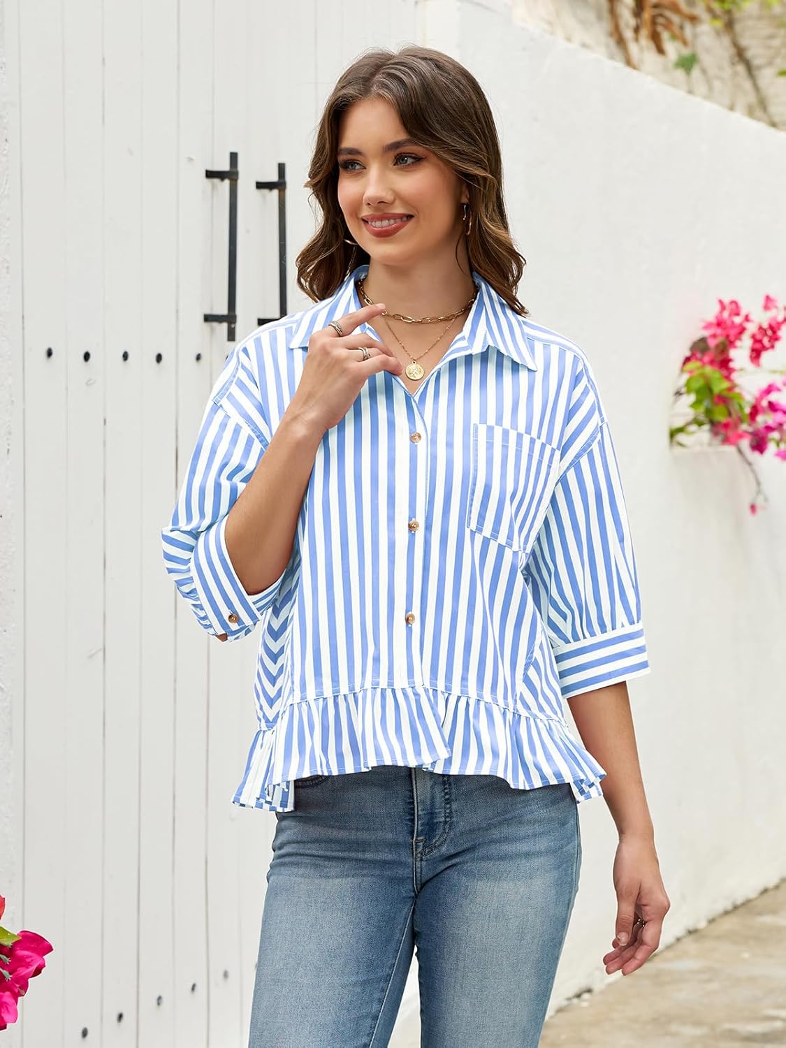 Womens Cropped Striped Shirts Button Down Half Sleeve Ruffle Bottom V Neck Casual Summer Blouse Tops - Image 5