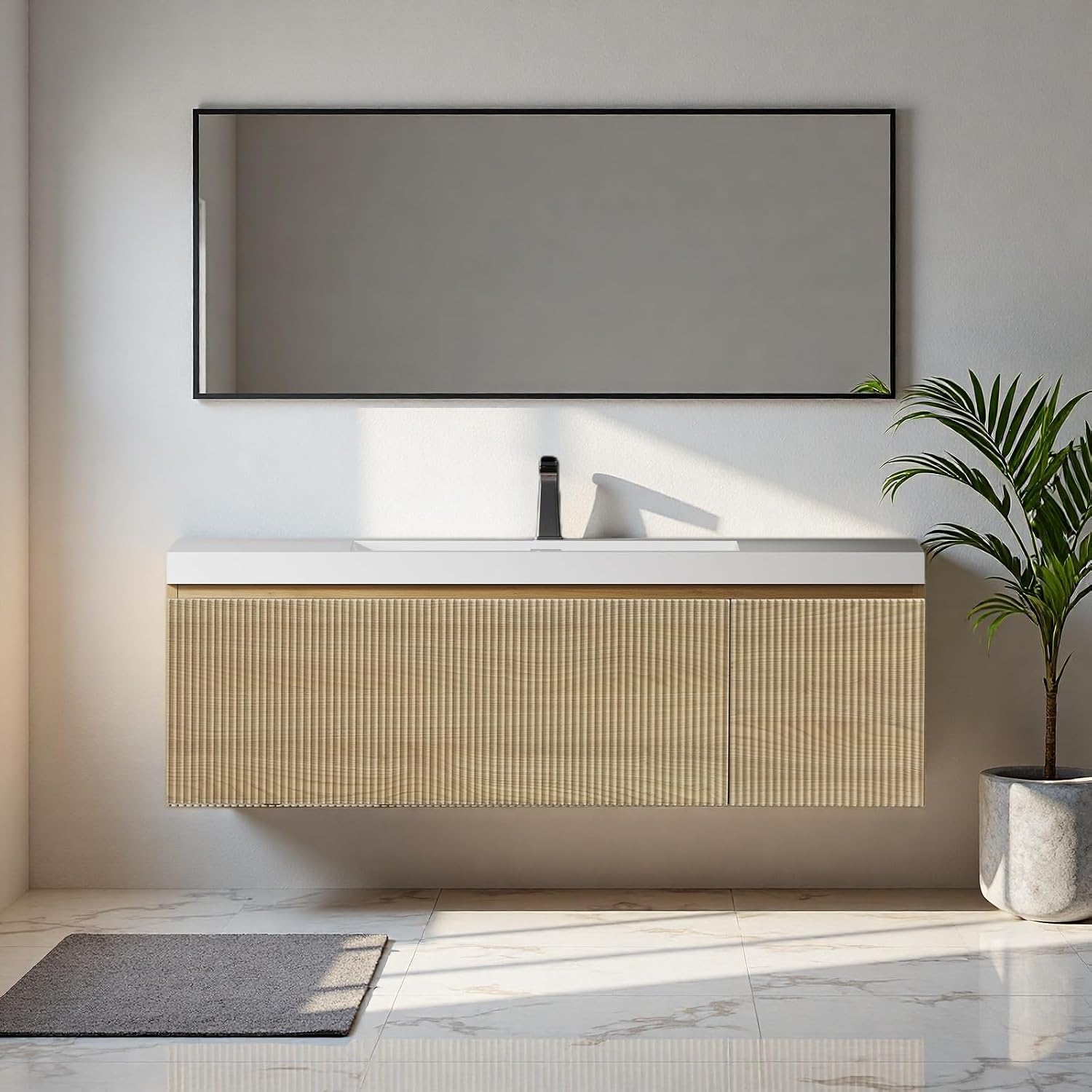 48'' Floating Bathroom Vanity with Sink, Wall-Mounted Bathroom Storage Cabinet with Soft-Close Striped Drawer, Cabinet Door & Solid Surface Basin, Natural Oak Body with Internal Handle, Wood