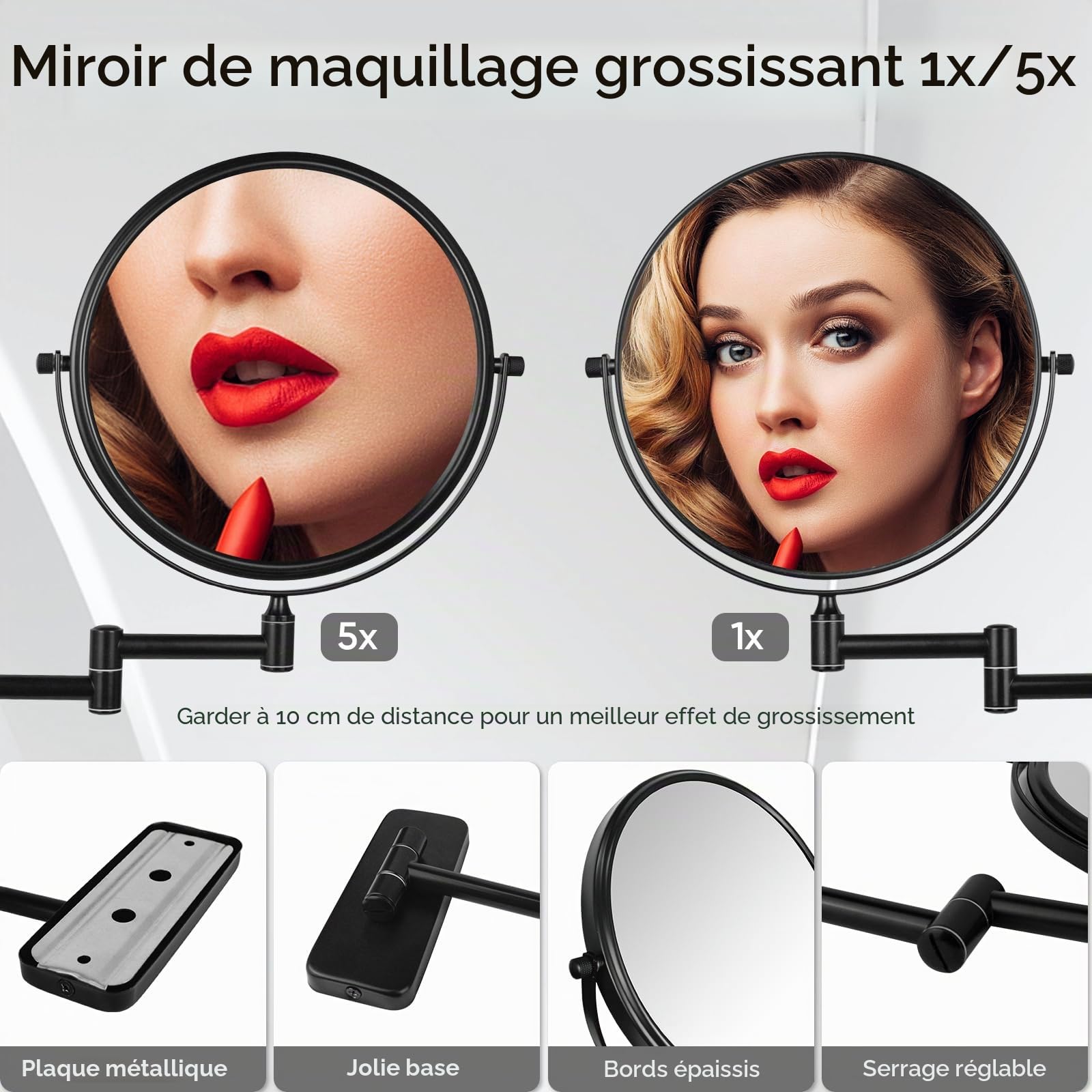 Nicesail Miroir cosmétique mural avec grossissement 5X pour salle de bain - Noir - Pivotant à 360° - Miroir double face - Extensible - Miroir de rasage - Montage mural - Diamètre 20 cm