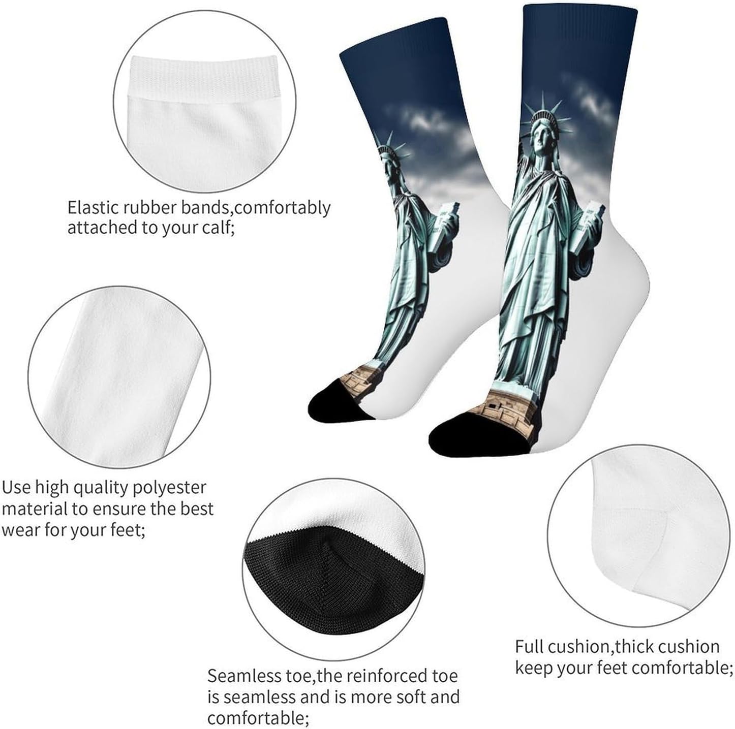 Moisture Wicking Socks, Breathable, Lightweight Crew Sock, Casual | Statue of Liberty Work Socks for Women Men, Elastic Soft Boot Socks for Travel, Seamless