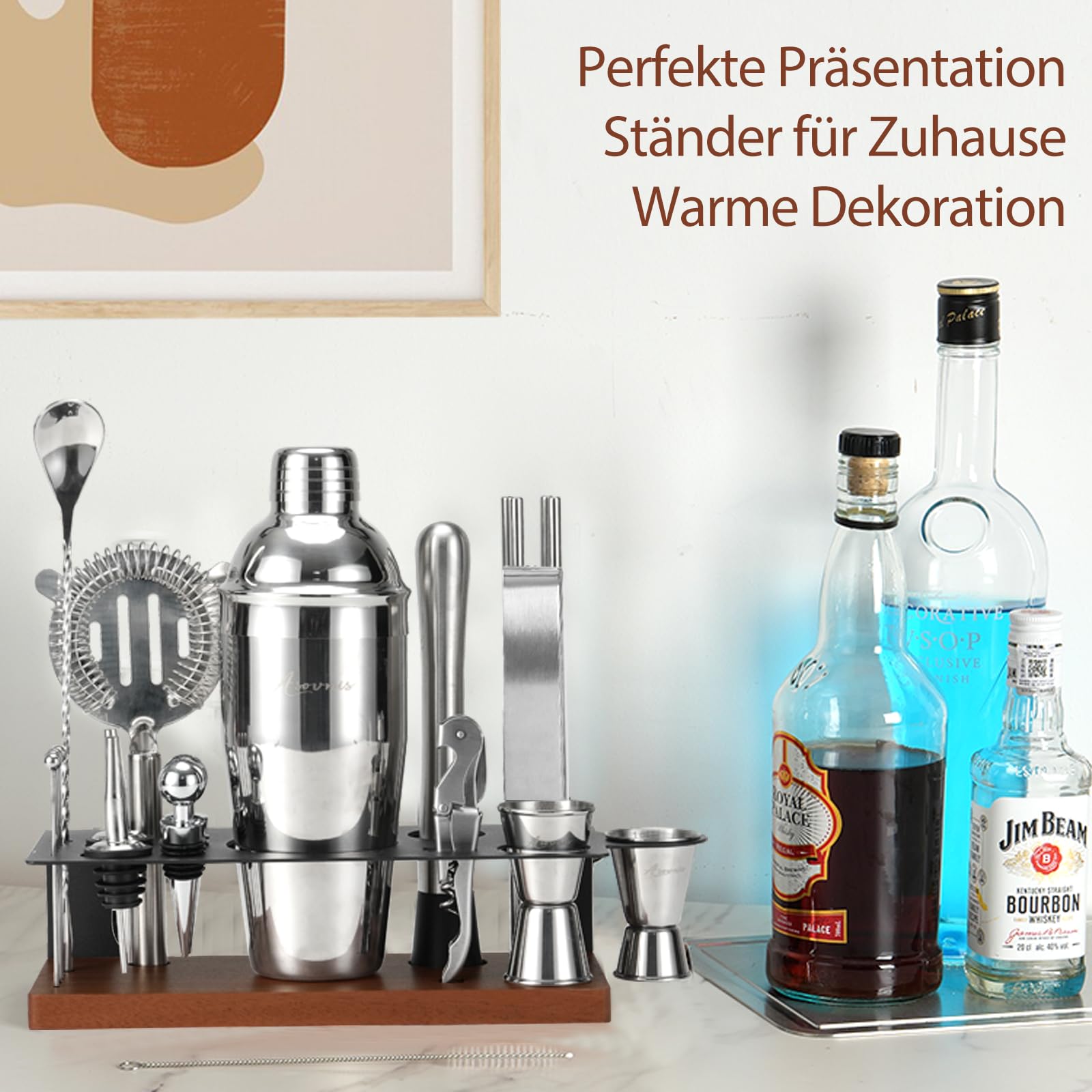 23-teiliges Barkeeper-Set, Cocktail-Shaker-Set mit Ständer|Bar-Getränkemixer-Set mit allen wichtigen Bar-Tools: Martini-Shaker, Sieb, Löffel, Stößel, für Zuhause, Bar, Party (braun-F)