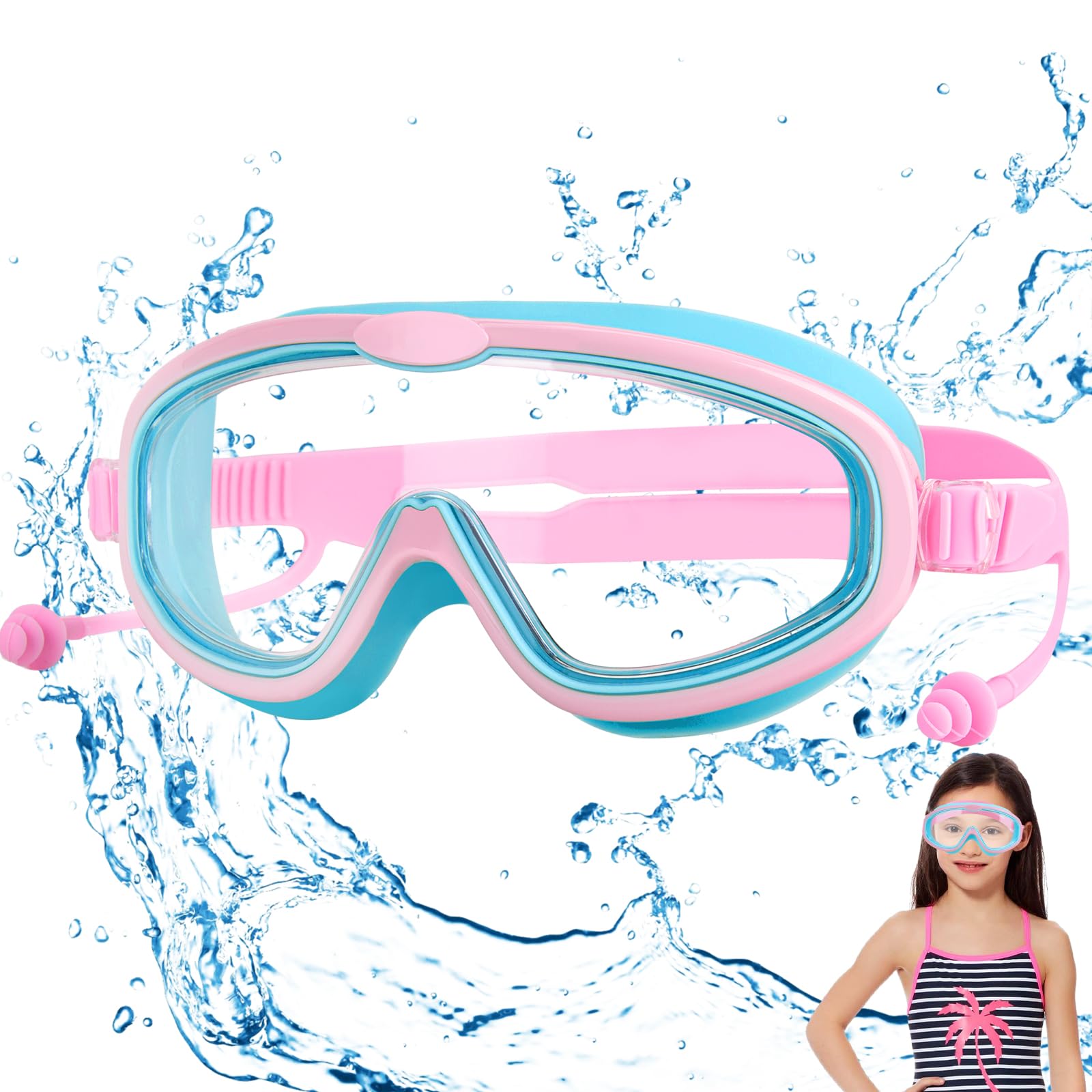 Gafas de Buceo para Niños, Gafas de Natación para Niños 3 4 5 6 7 8 9 10 Años, Gafas de Natación Anti-UV, Antivaho, Panorama de 180°, Diadema Ajustable, Tapones para Los Oídos de Una Sola Pieza