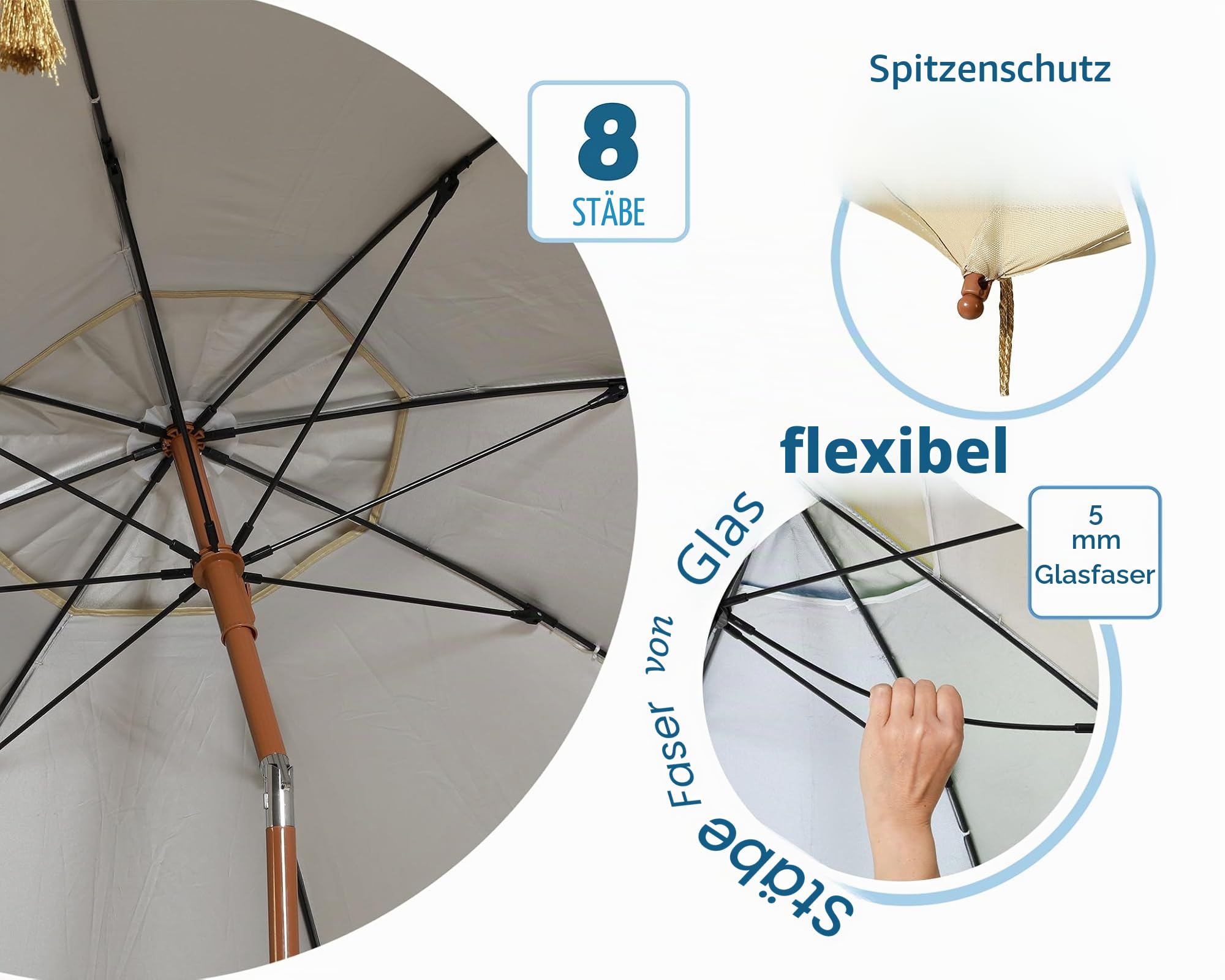 Atosa Strandschirm Ø 180 bis 240 cm aus Aluminium Orientalisches Modell mit Fransen mit LSF 50+, beige, 200 cm, Bohemien