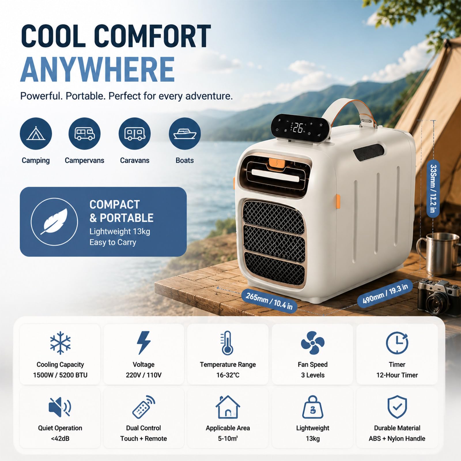 Przenośny Klimatyzator do Kampera i Namiotu, 5200 BTU 1500W Klimatyzacja Turystyczna z Osuszaczem, Ultra Cichy Tryb Nocny Klimatyzator do Przyczepy, Akademika, Pikniku