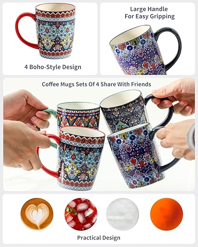 Miniatura 4 de HASENSE Tazas de café, tazas de café de cerámica de 15 onzas, juego de 4 con asa y estilo bohemio para hombre y mujer, juego de tazas de café de