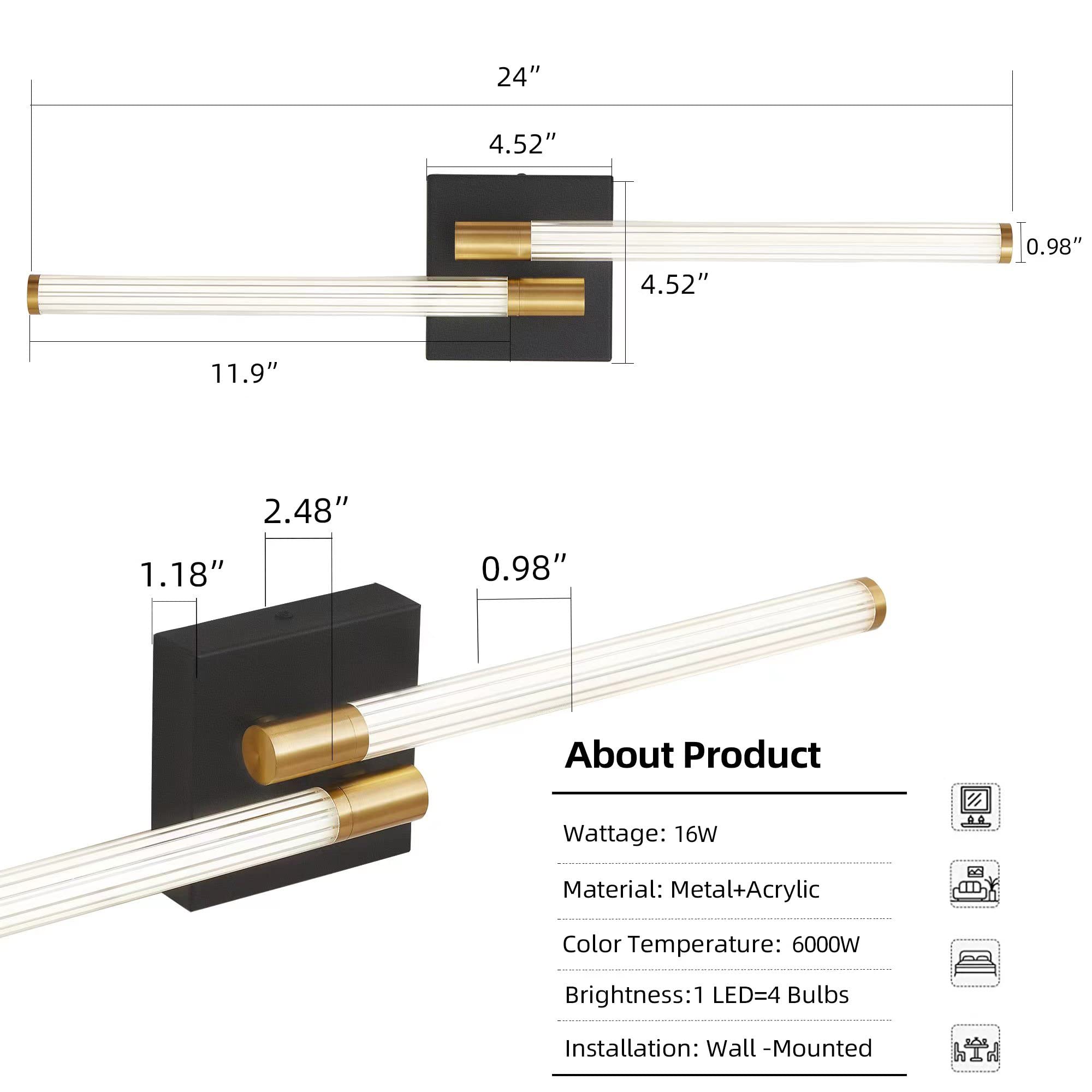 PENACINY Modern Bathroom Vanity Light Fixtures Over Mirror, 24 inch Dimmable LED Vanity Lights Bar Black and Gold Wall Sconces Lighting for Bathroom Bedroom Living Room, 6000K