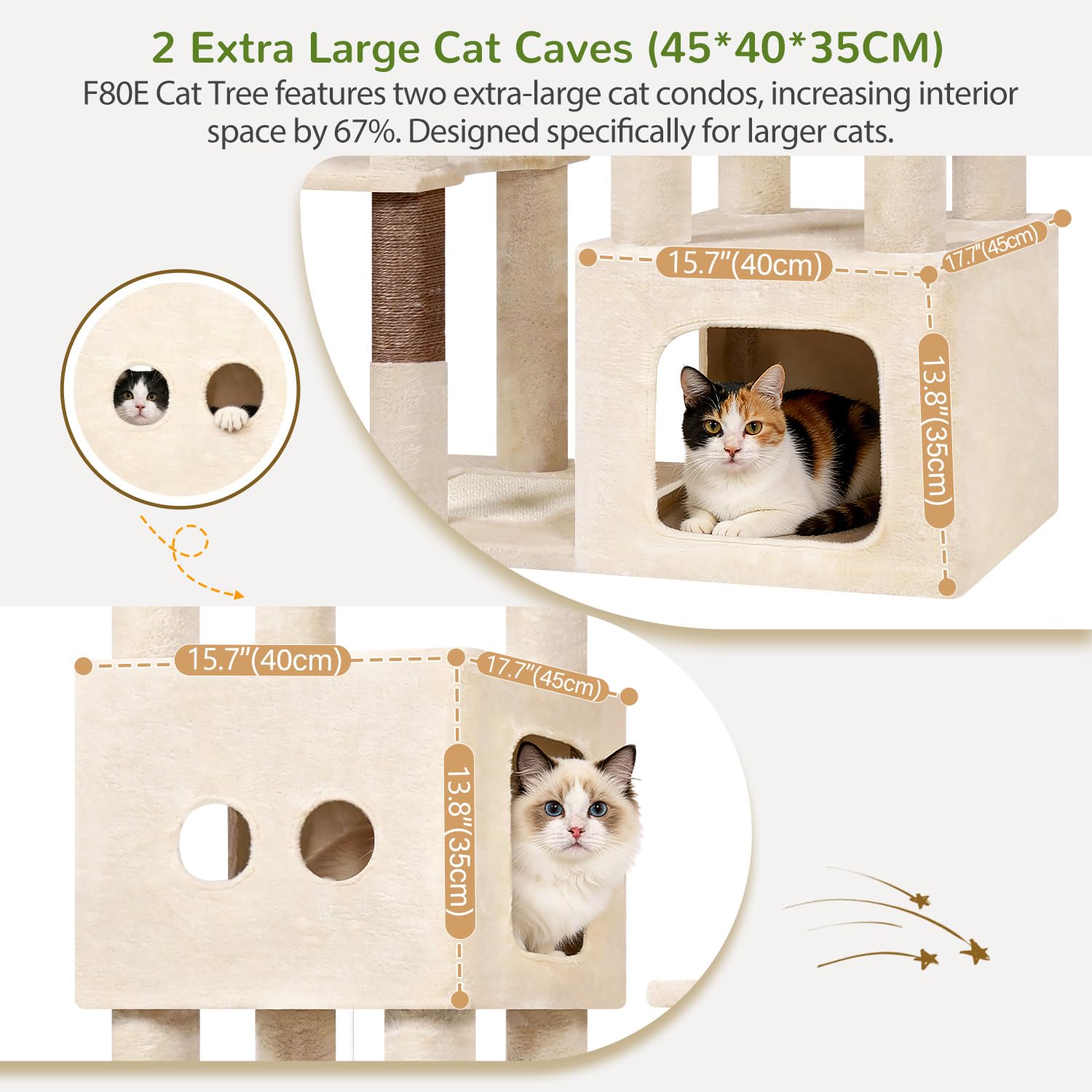 Globlazer Beige Arbre a Chat XXL pour Gros Chats 203 cm avec 2 Grande Niches 45*40*35cm, 2 Vaste Plate-Forme, Perchoir, Griffoir en Sisal, Panier, Arbres à Chat pour Grand Chats Adulte (F80E, Beige)