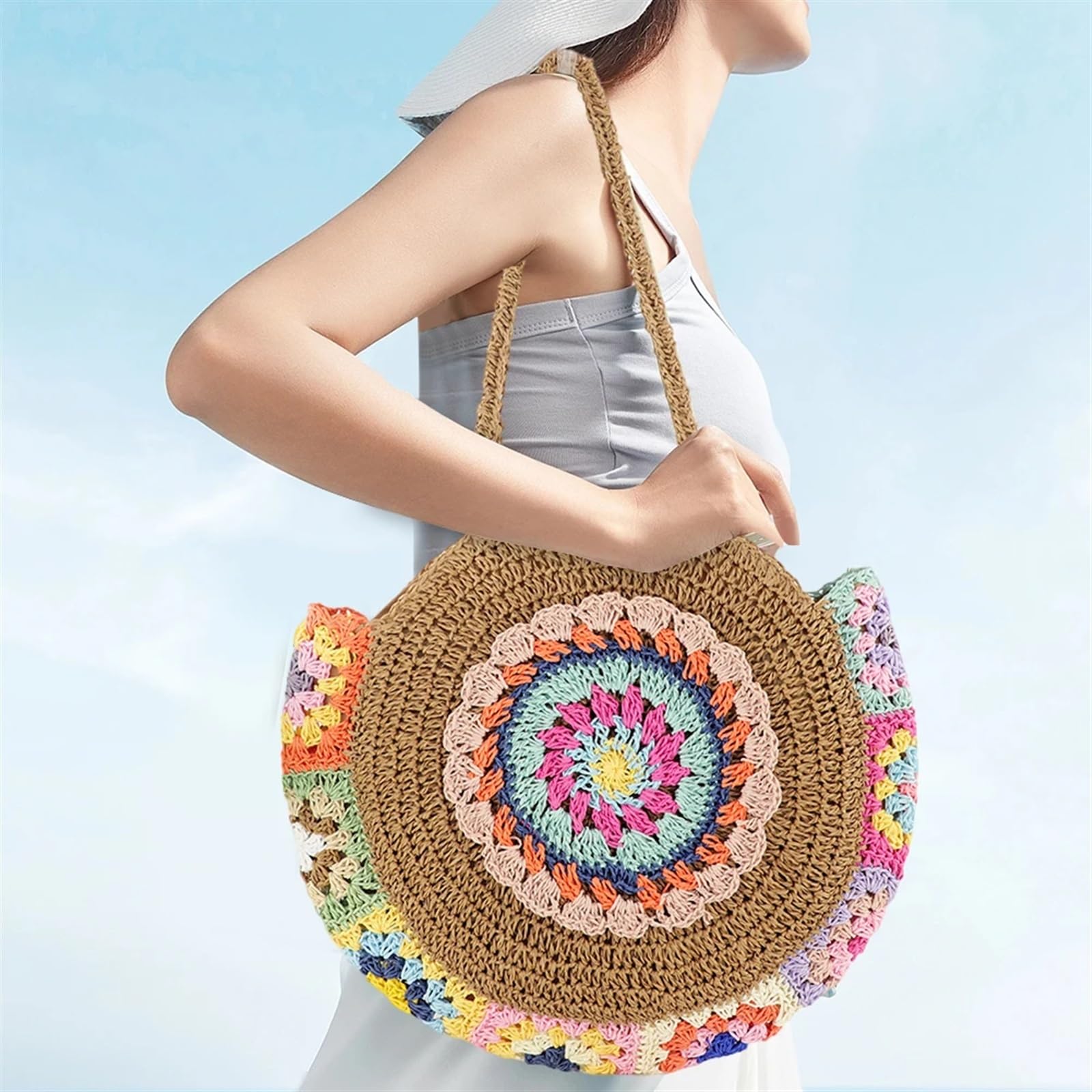 Bolso de mano tejido colorido estilo étnico for mujer, elegante bolso de hombro, bolso de playa redondo tejido de paja, bolso de crochet de gran capacidad Ideal Para Vacaciones, Trabajo y Viajes(Light
