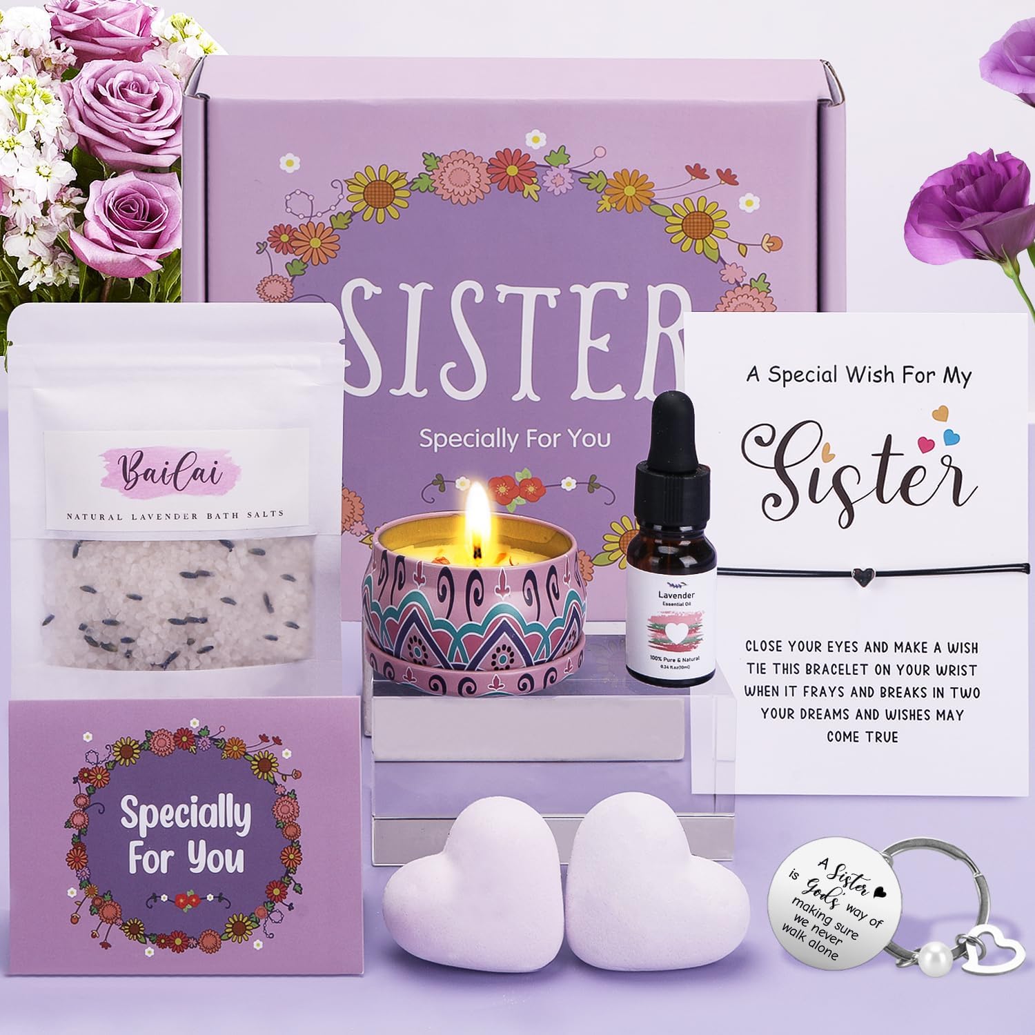 BaiCai Birthday Pamper Gifts for Sister From Brother, Unique Hampers Kit Self Care Package Sister, Relaxing Spa Sets Friendship Ideas Women Best Friends, Bestie, 300.0 grams, Pack of 6
