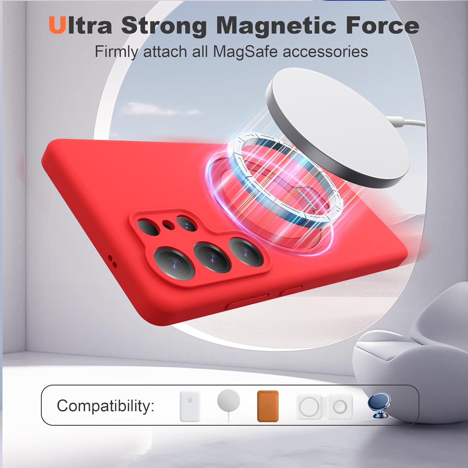for Samsung Galaxy S25 Ultra Case with Magnetic Invisible Stand [Compatible with Mag-Safe] Military Drop Tested [Full Camera Protection] Silicone S25 Ultra Case for Women Men 6.9'', Red - Image 3