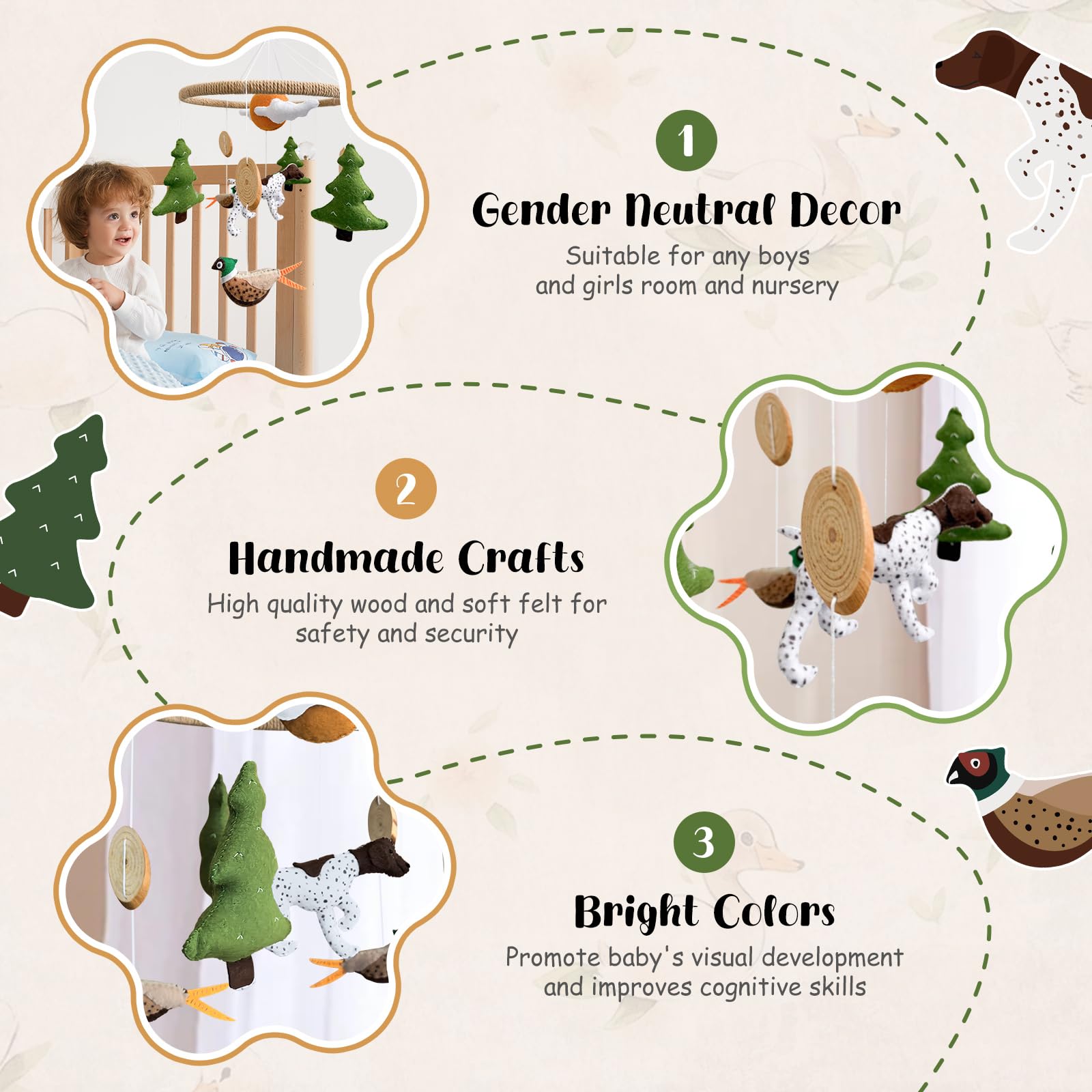 Mobile pour bébé pour berceau, chasse au faisan, berceau de bébé pour garçons et filles, fait à la main, décoration de chambre d'enfant, décoration de chasse à faisan, cadeau de nouveau-né