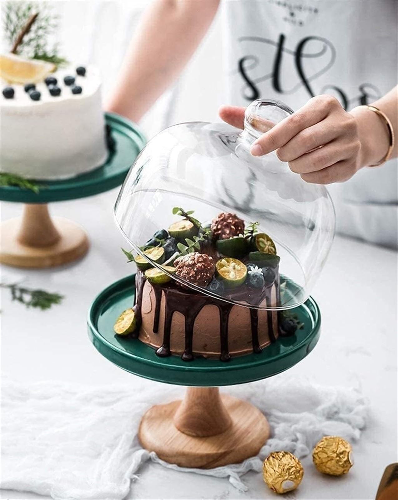 Soporte para Pasteles, Bandeja de cerámica para repostería con Base de Madera para Fiestas, Bandeja de Vidrio para postres, ensaladas, Sushi, Funda para donas, Almacenamiento