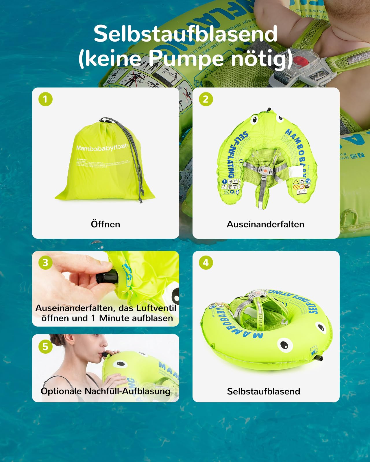 HECCEI Schwimmring Baby, Mambobaby Selbstaufblasbar Baby Schwimmhilfe Kompaktes Faltbares Design Schwimmreifen Perfekter Schwimmtrainer für Kinder von 3 bis 24 Monaten