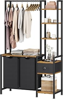 Cresohom 5-Tier Tall Laundry Hamper with Shelf, 2 Pull-Out Removable Bags, Clothes Rack Sorter - Rustic Brown for Laundry Room