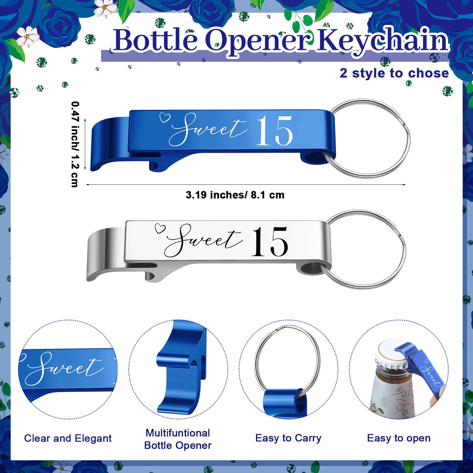 Dandat 50 Sets Quinceanera Party Favors for Guests Sweet 15 Bottle Opener Keychain with Thank You Cards Organza Bags Rope Quinceanera Gift for 15th Birthday Party Favor Guests (Blue,Silver)