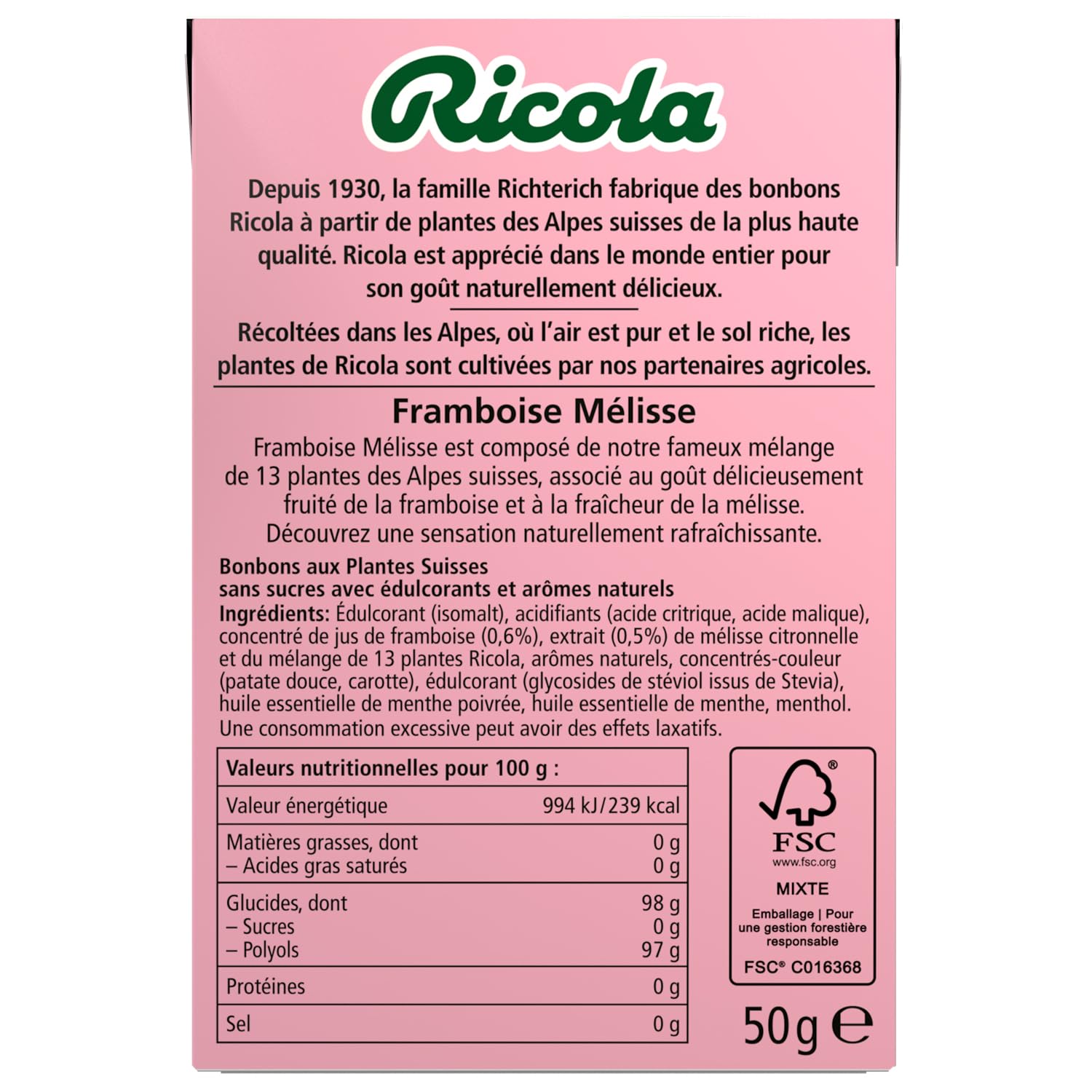 Ricola - 20 paquetes de 50 g - Caramelos con plantas suizas - Frambuesa Melissa - Refrescante - Sin azúcar -