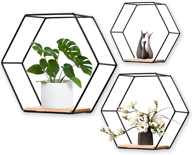 LMYDIDO Set of 3 Hexagon Wall Shelves, Hanging Shelves, Metal and Wood Floating Shelves, Wall Storage Organiser for Kitchen Shelf, Bathroom, Bedroom, Wall Decoration (Black)