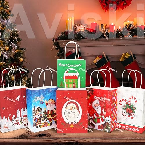 Miniatura 7 de Aviski 36 bolsas de regalo de Navidad de varios estilos, bolsas de papel kraft de Navidad con asas, bolsas de regalos de Navidad con impresiones de