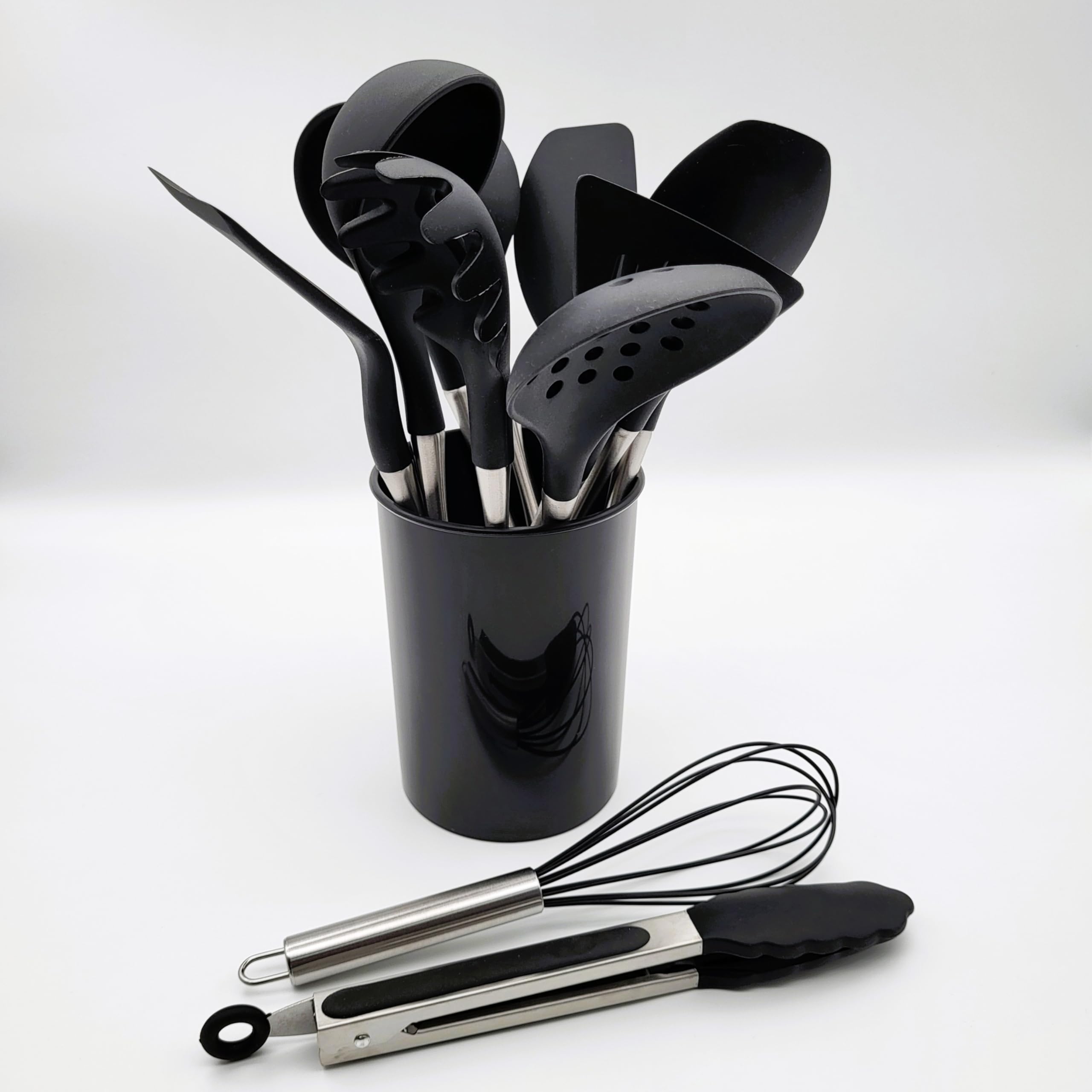 BWG Premium Küchenhelfer Set Edelstahl - Silikon12-teilig, Kochbesteck, Kochutensilien, Set aus hochwertigem Silikon in Schwarz, Griffe in elegantem Design, hitzebeständig.