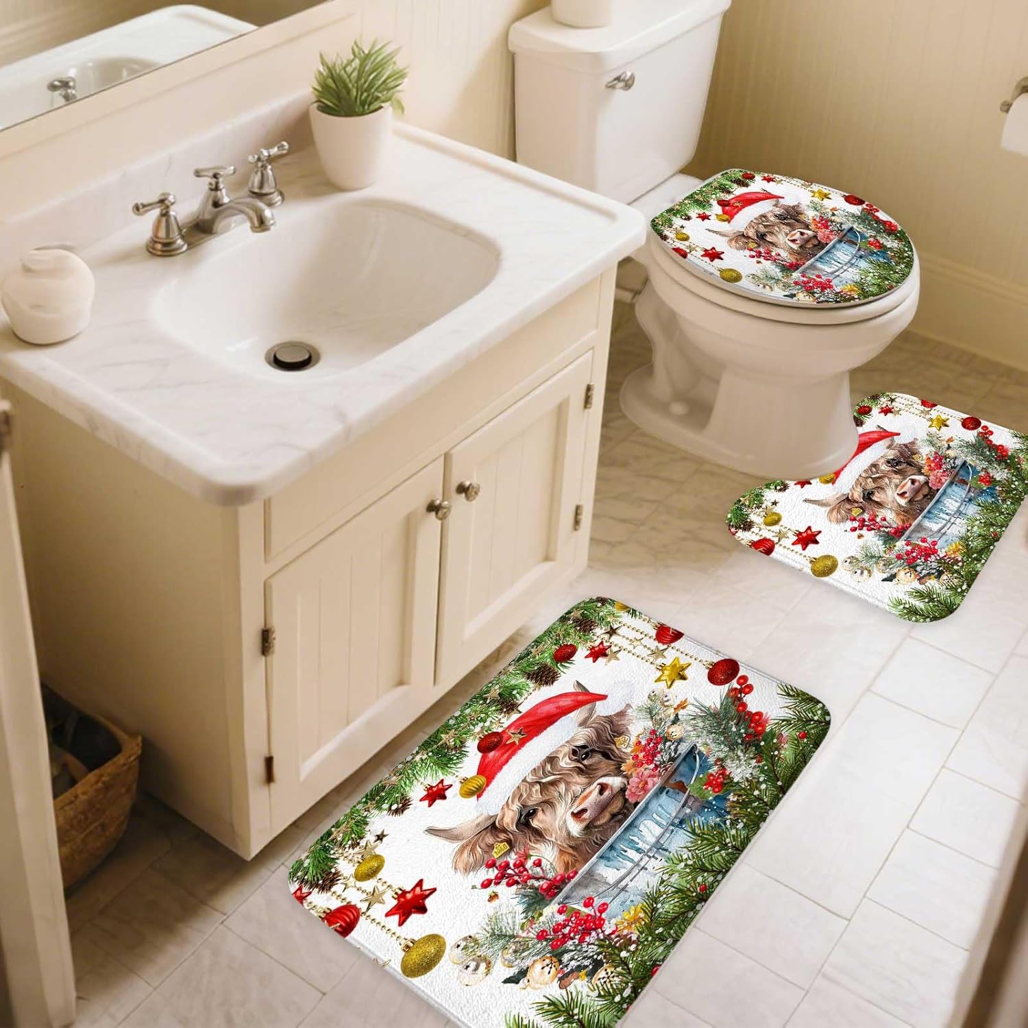 Sanzugh Christmas Highland Cow Bathroom Sets with Rugs and Accessories 4 Piece, Cute Xmas Farmhouse Animal Winter Holiday Shower Curtain with Non-Slip Bath Mat Toilet Cover U Shaped Mat Set 4 Pcs