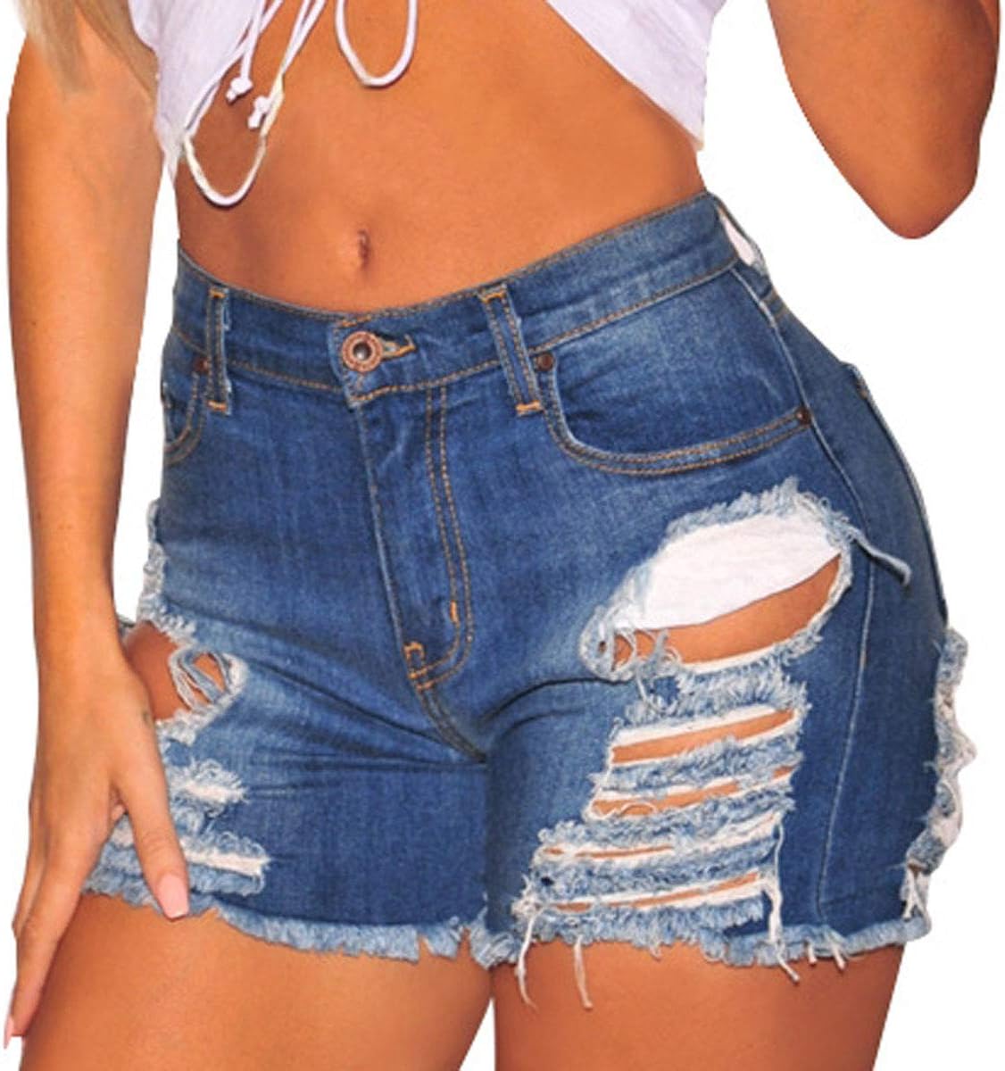 vanberfia Women's Stretchy Denim Jean Raw Hem Ripped Shorts with Pockets