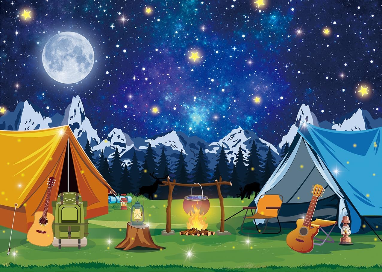 Camping Backdrop Campfire Tent Mountain Forest Night Scene Photography Background Children Adults Outdoor Travel Adventure Birthday Party Decoration Banner Photo Props (7x5FT) image 2