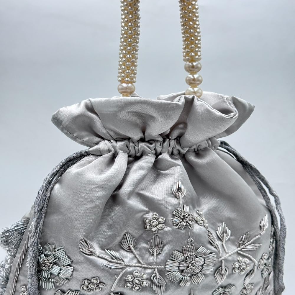 Amayra Luxe Potli Desinger Bags | Jute Handbags for women | Embroidered Women Potli | Ladies Shagun Pouches for Festive Seasons | Batwa Bag | Bridal Purse With Embroidery for Wedding (Silver) 4