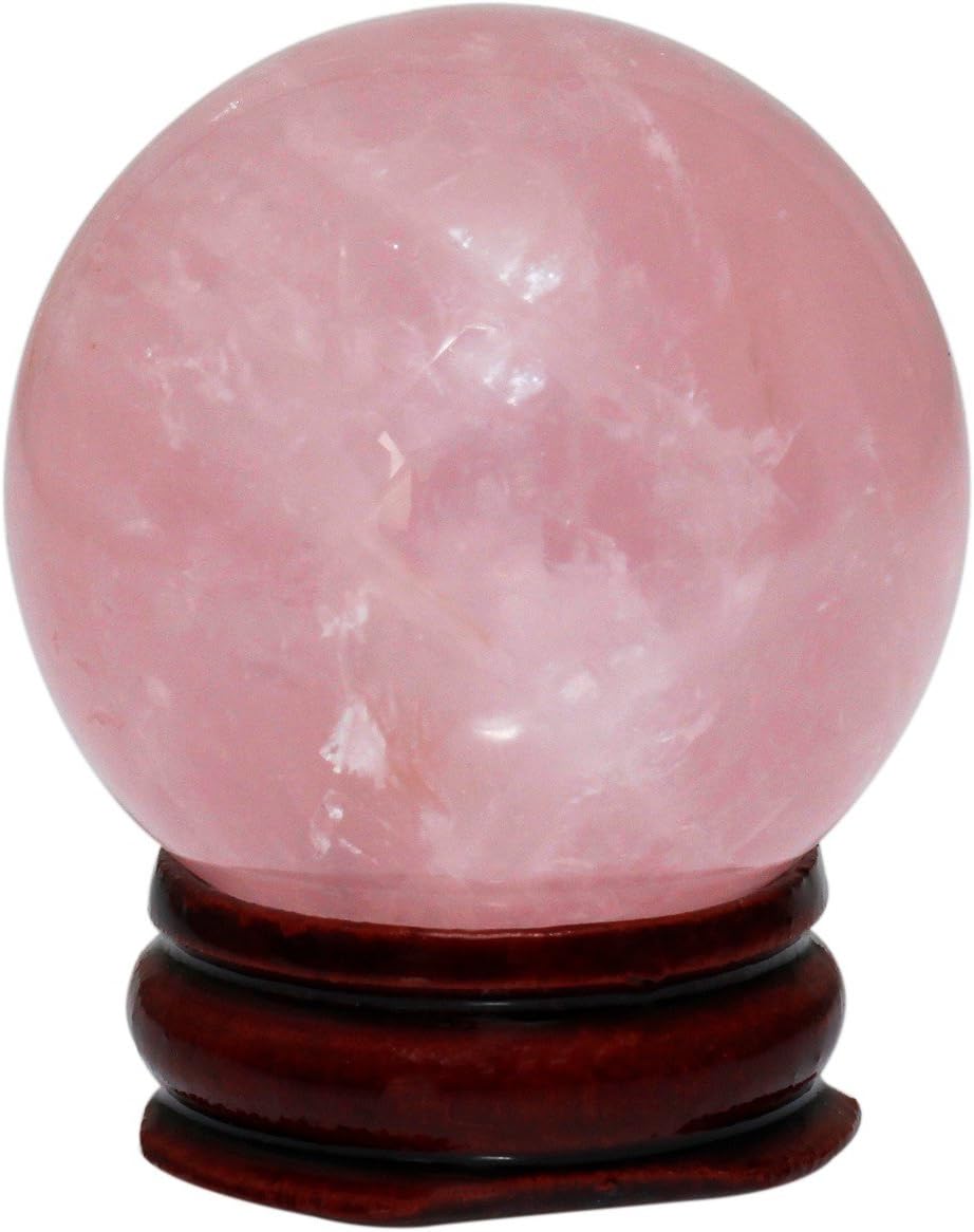 mookaitedecor Natural Rose Quartz Crystal Ball with Wood Stand, Healing Crystals Sphere Sculpture Home Decoration, 2.15"-2.35"