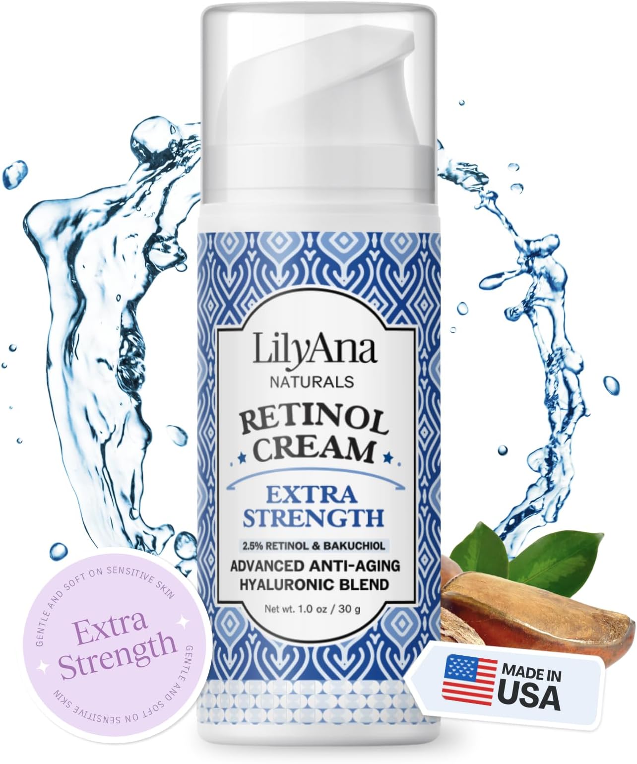 LilyAna Naturals Extra Strength Retinol Cream for face - Anti Aging Cream for Wrinkles, Fine Lines and Dark Spots - 1% Pure Retinol with Hyaluronic Acid - Made in the USA - 1.0oz