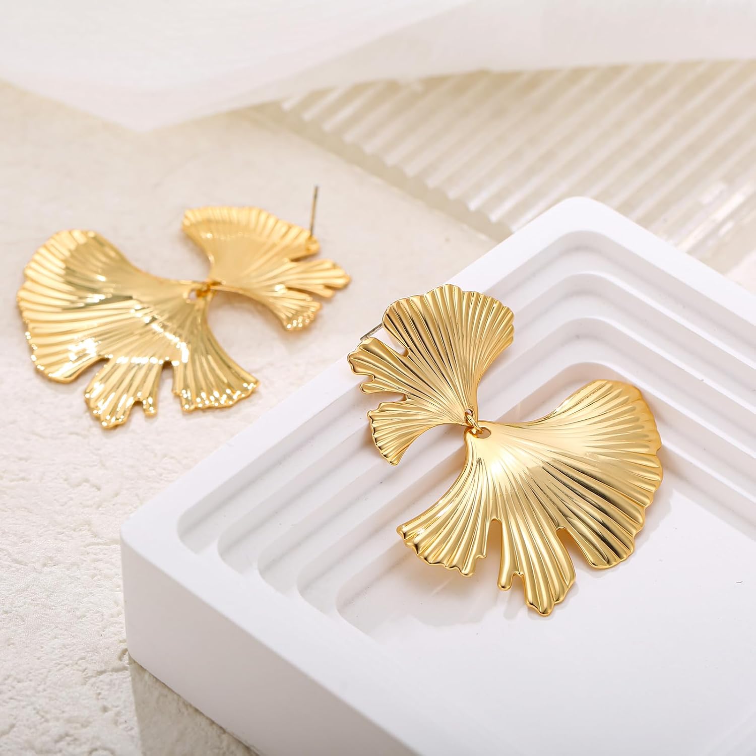 Gold Ginkgo Leaf Flower Dangle Earrings for Women Large Geometric Statement Earrings Boho Drop Earrings Summer Jewelry for Vacation - Image 4