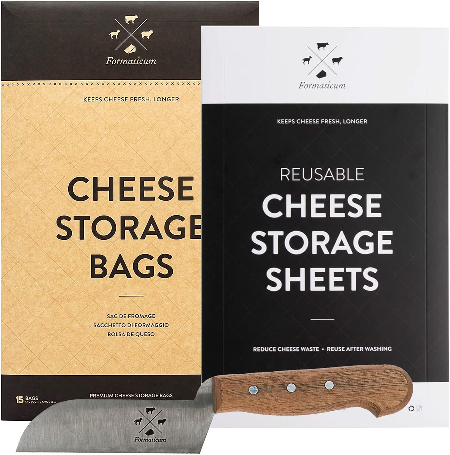 Formaticum Bundle - Includes Cheese Storage Bags, Reusable Cheese Storage Sheets, and Mini Cheese Knife, Gift for Charcuterie Board Presentation and Food Tasting Events