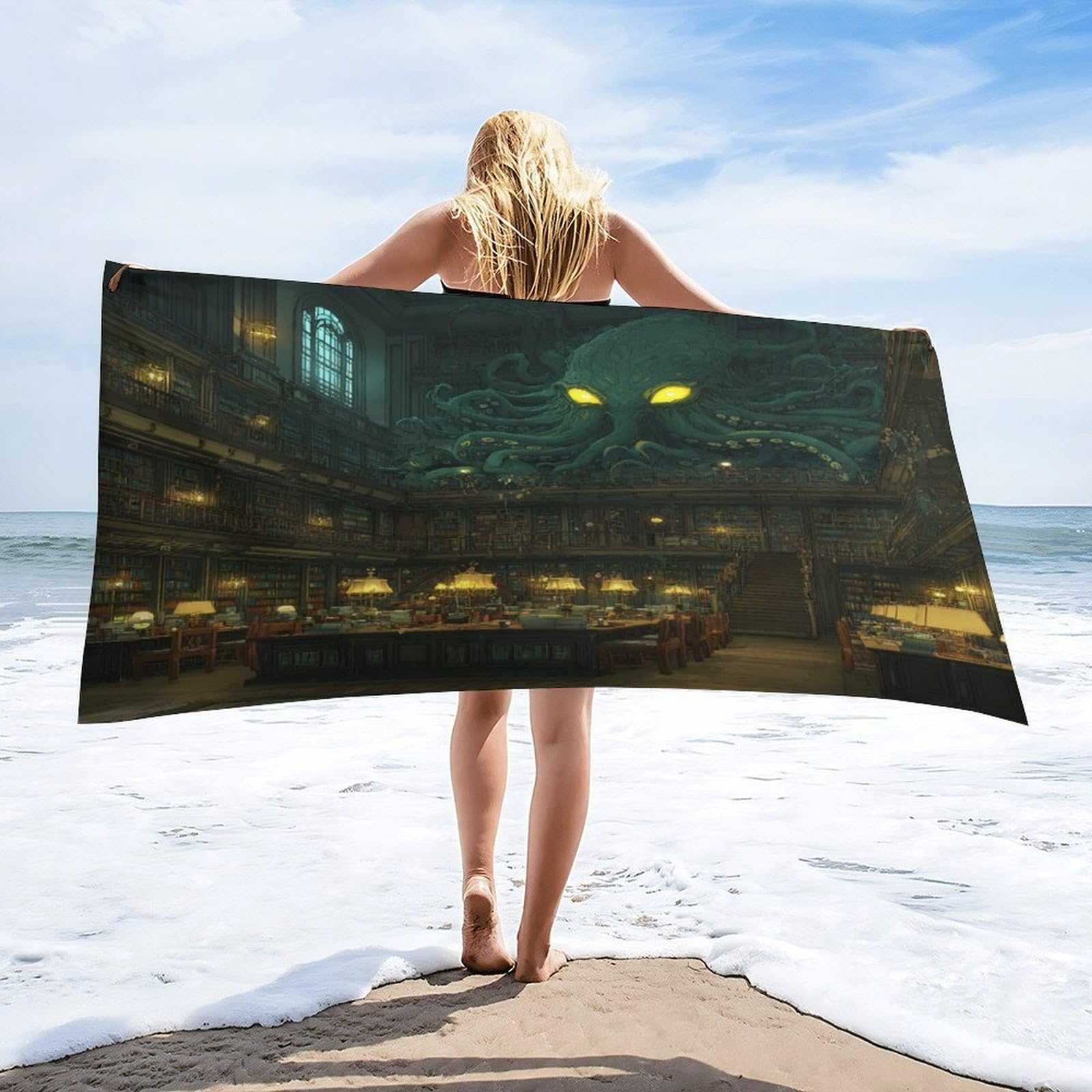 Luyysky Viking Abstract Sea Octopus Quick-Drying Beach Towel, Classic Watercolor Animal Octopus Library Bookshelves Travel Vacation Single Sided Pile Bathroom Towels-80 W Cm X 160" L Cm