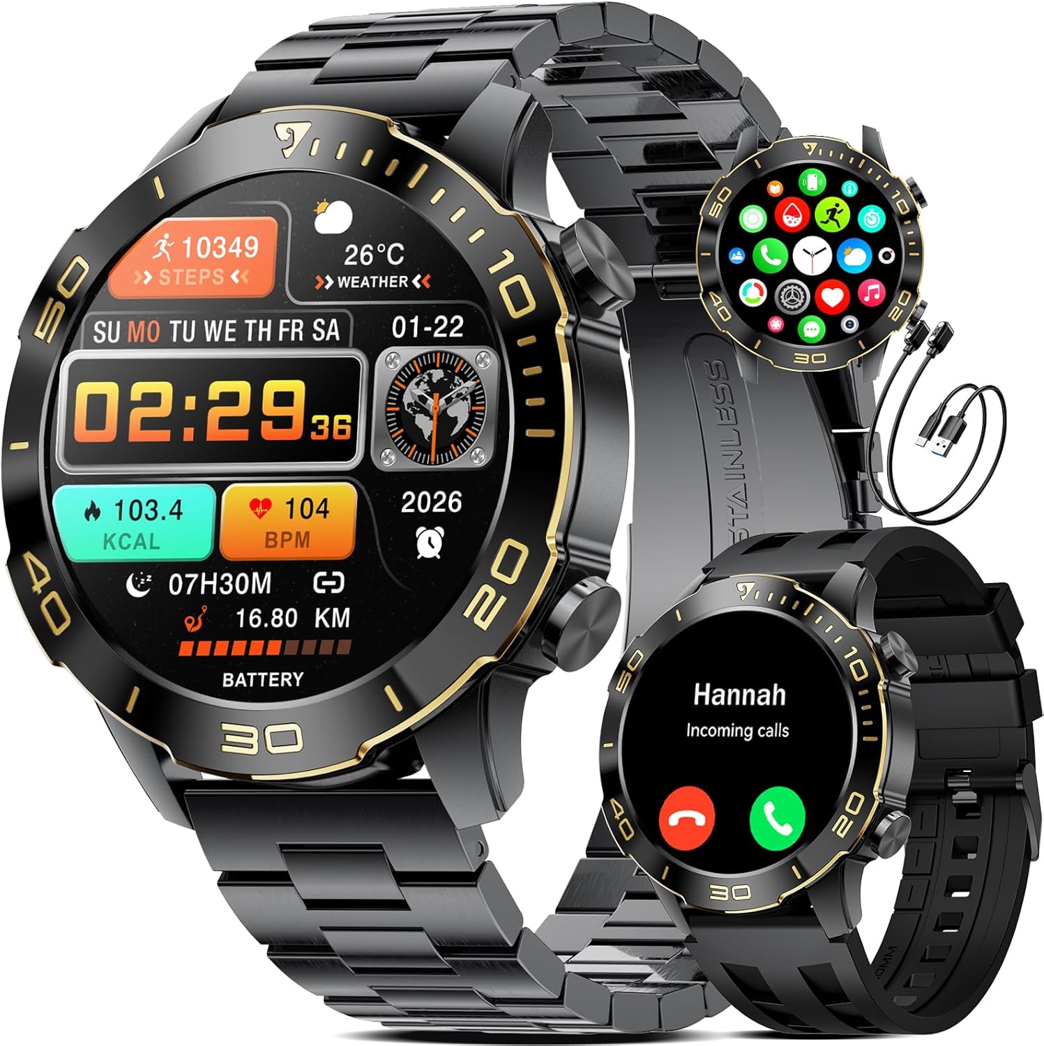 TX7 Luxury Smart Watches for Men, 800mAh Battery, 1.43" AMOLED Screen Fitness Tracker, 100+ Sports Mode/Pedometer/IP68 Waterproof Mens Smart Watch, Military Smartwatch for Android iOS, Black